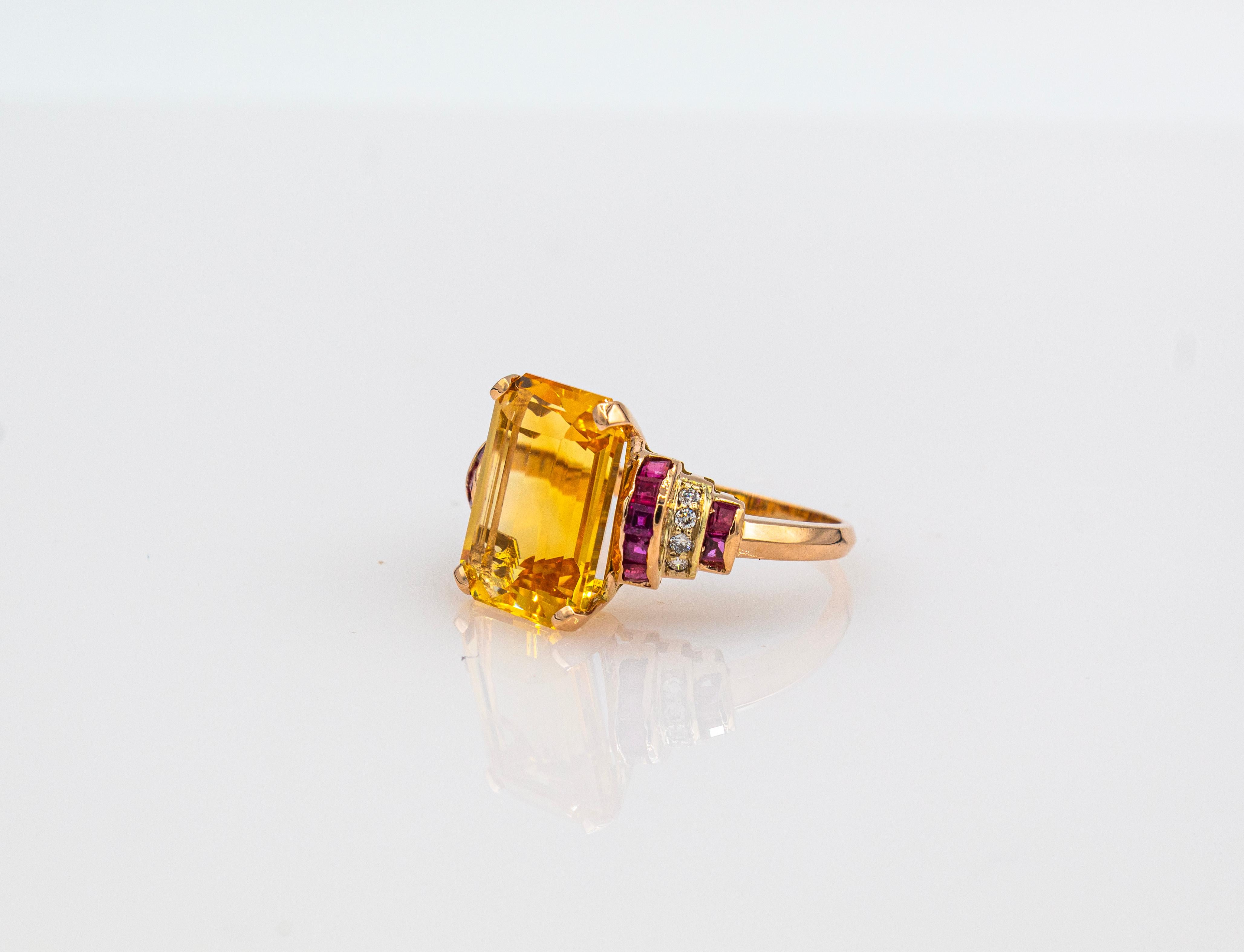 Art Deco Style White Diamond Ruby Octagon Cut Citrine Yellow Gold Cocktail Ring 8