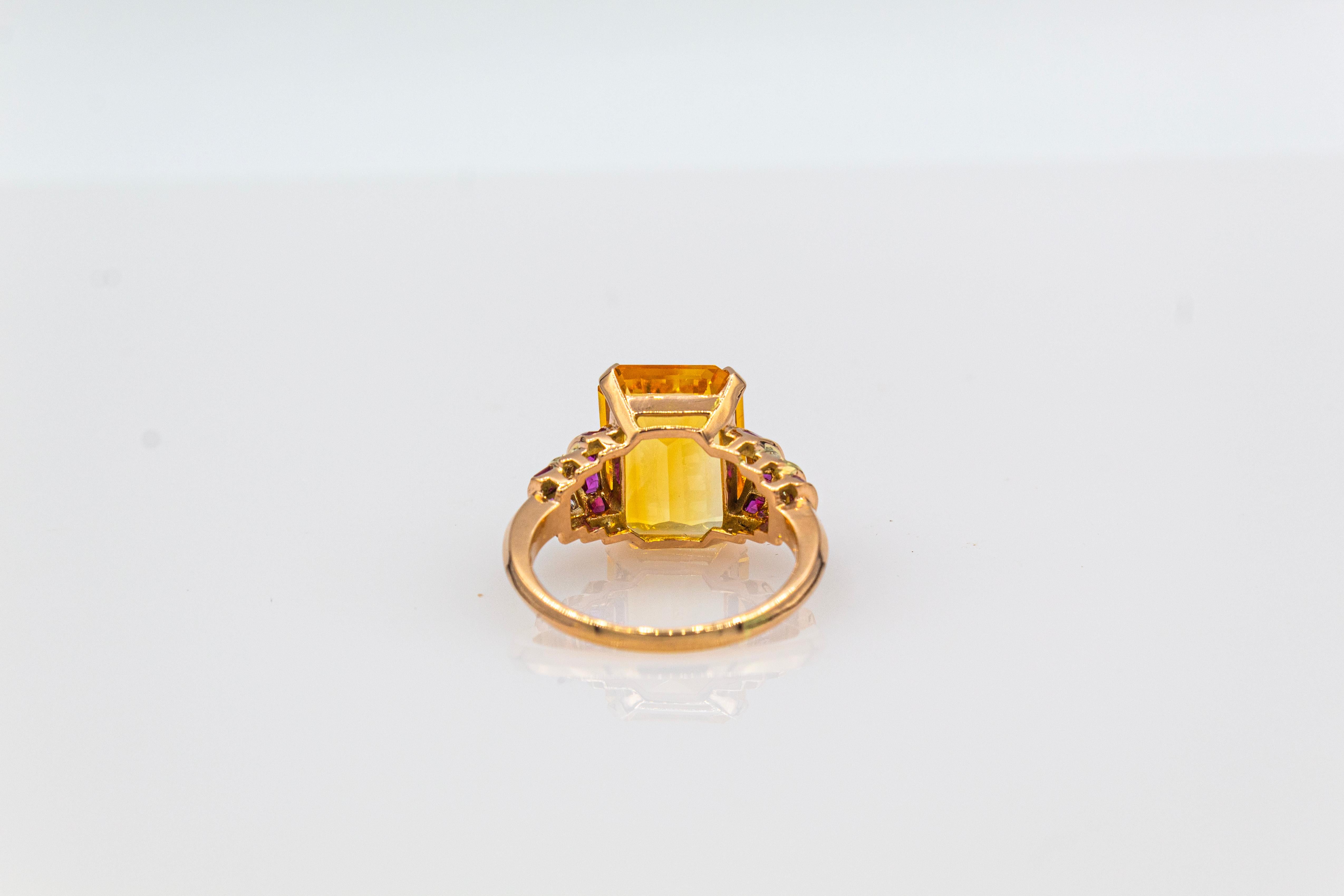 Art Deco Style White Diamond Ruby Octagon Cut Citrine Yellow Gold Cocktail Ring For Sale 9