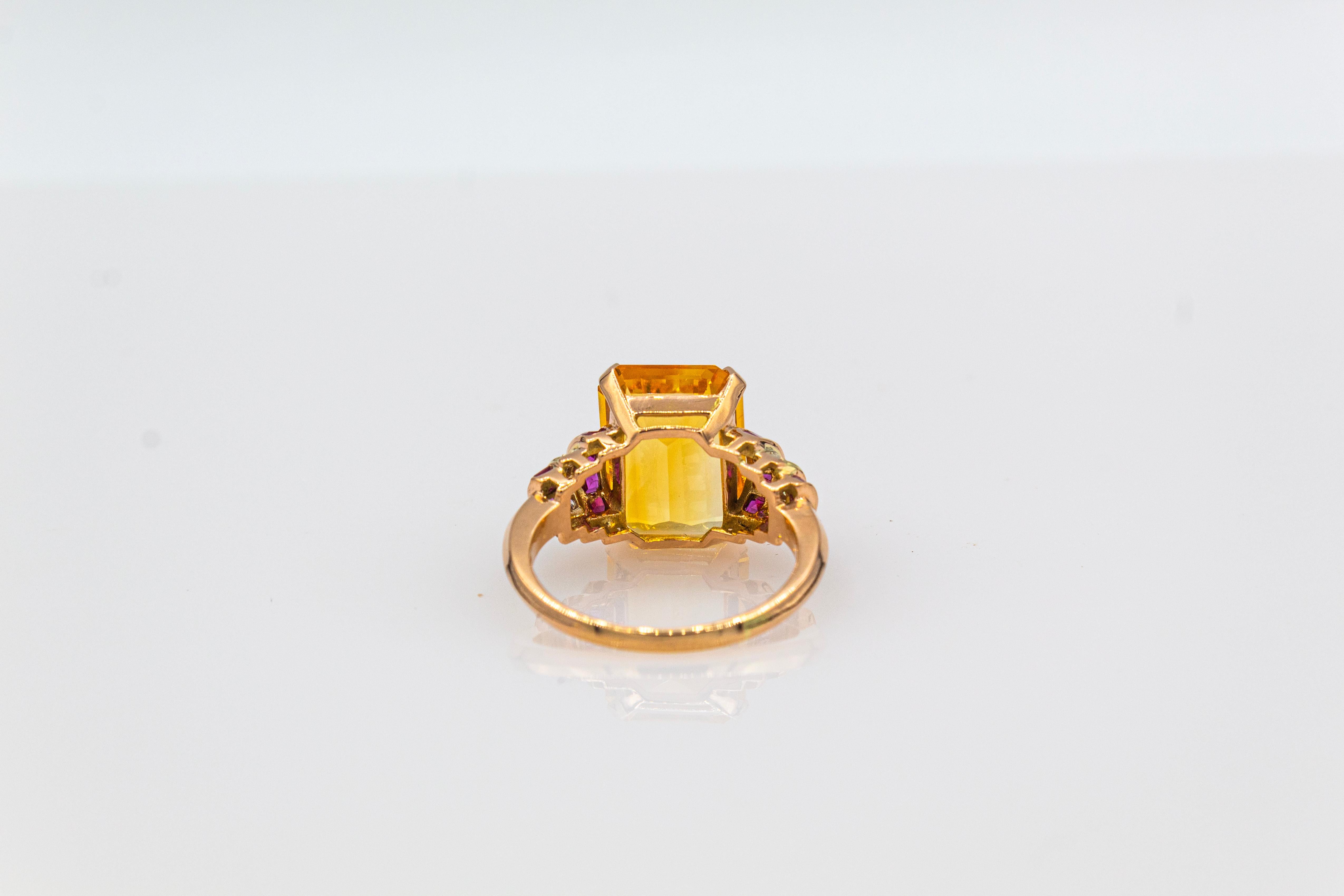 Art Deco Style White Diamond Ruby Octagon Cut Citrine Yellow Gold Cocktail Ring 9