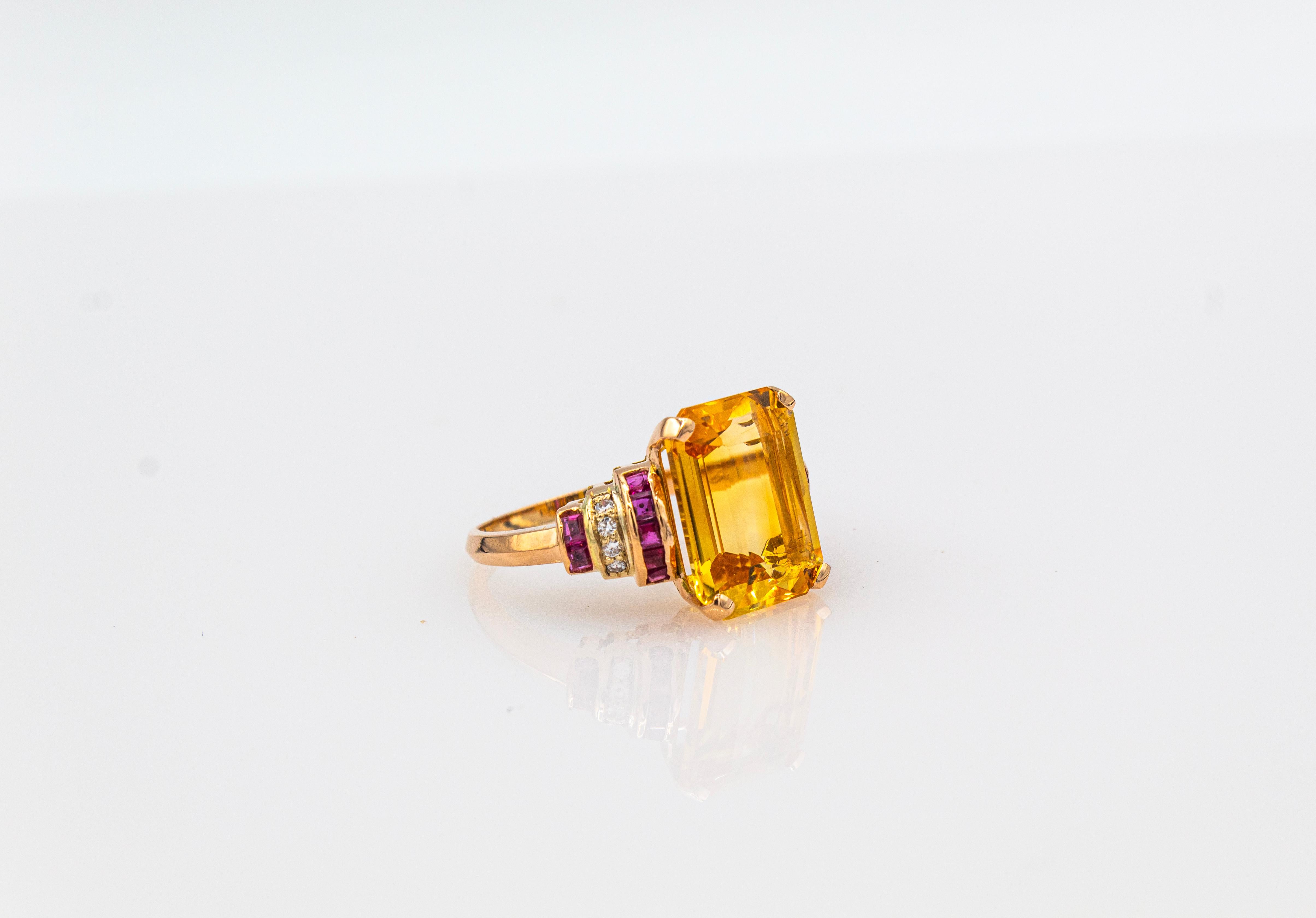 Art Deco Style White Diamond Ruby Octagon Cut Citrine Yellow Gold Cocktail Ring For Sale 10
