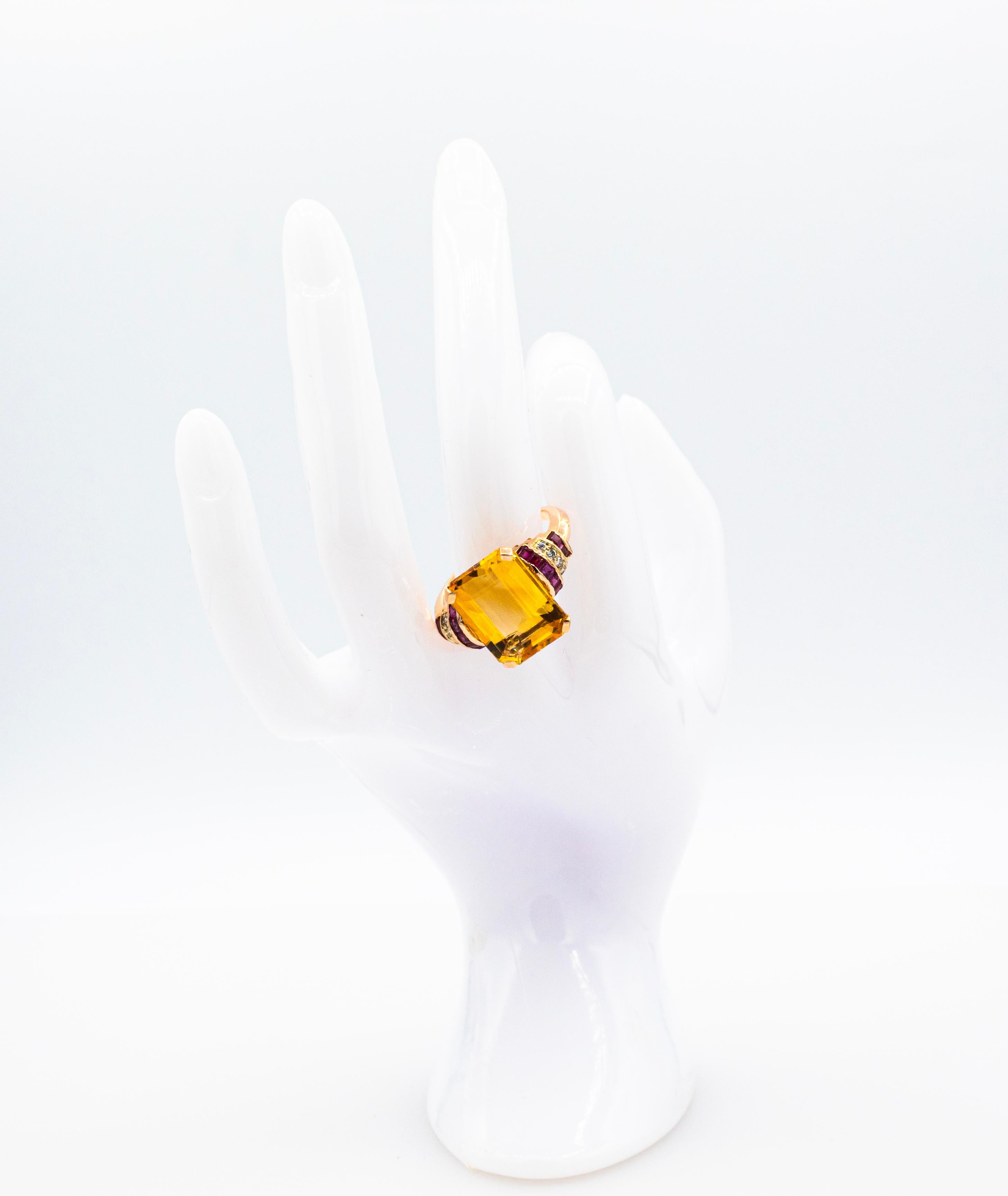 Art Deco Style White Diamond Ruby Octagon Cut Citrine Yellow Gold Cocktail Ring For Sale 11