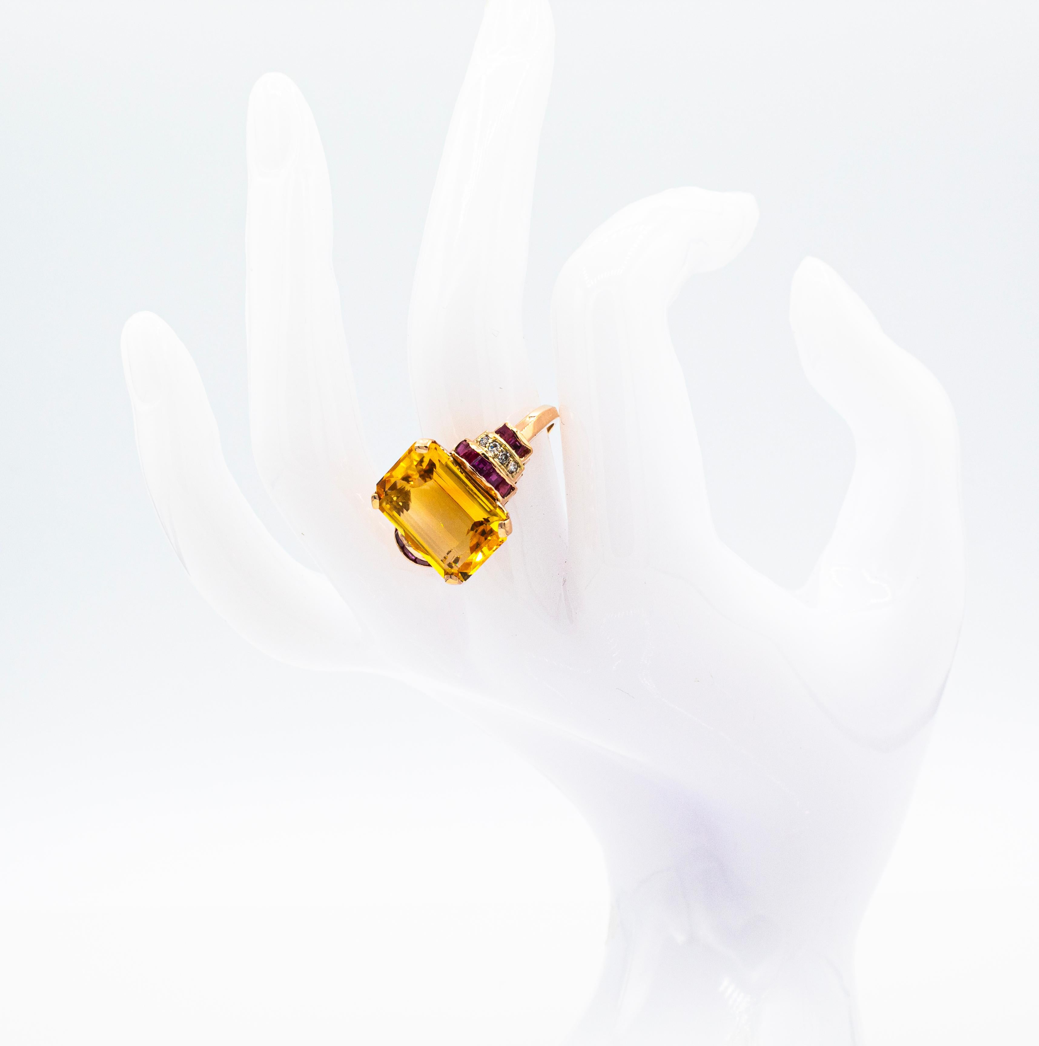 Art Deco Style White Diamond Ruby Octagon Cut Citrine Yellow Gold Cocktail Ring For Sale 12