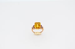 Art Deco Style White Diamond Ruby Octagon Cut Citrine Yellow Gold Cocktail Ring