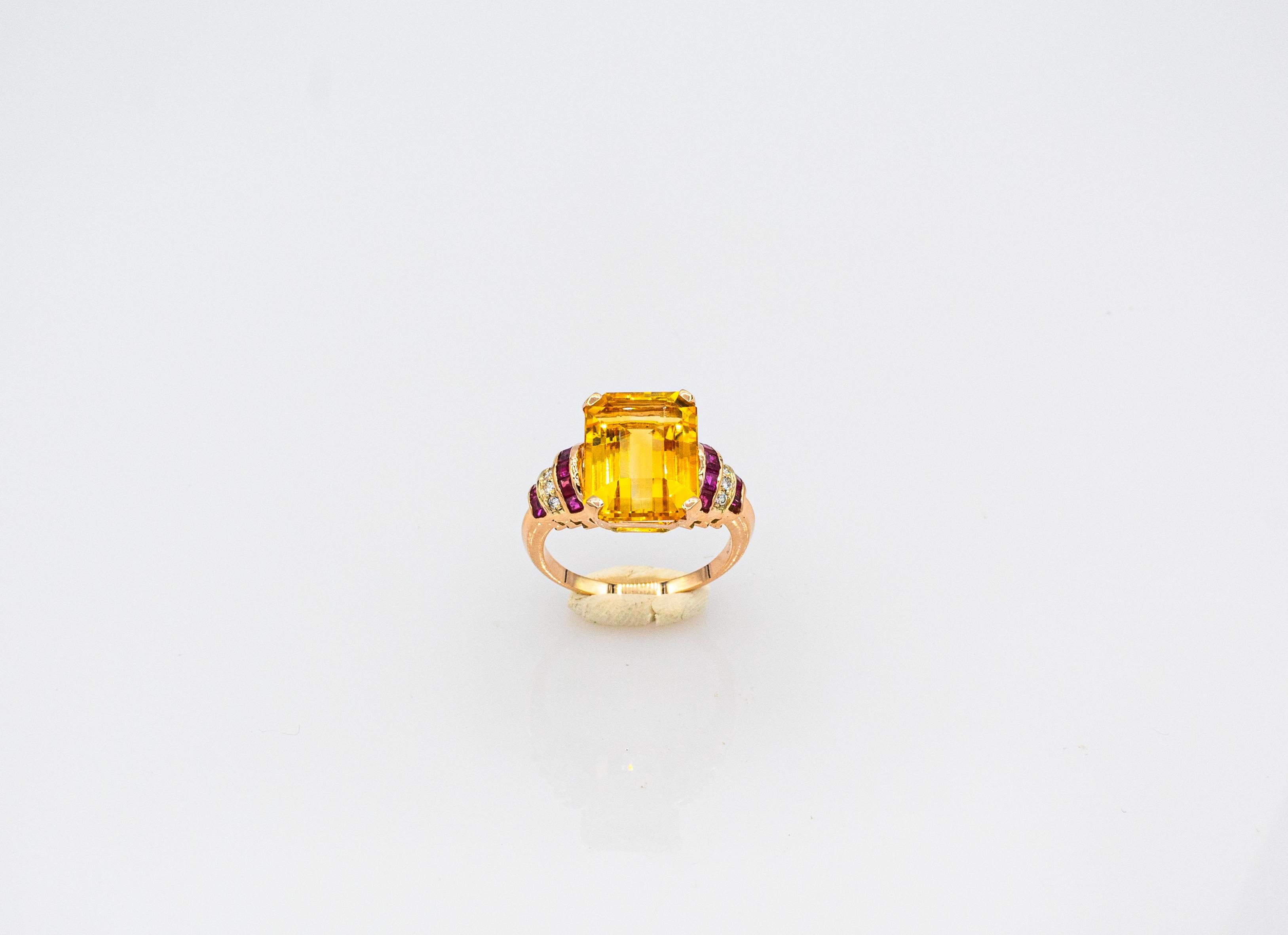 Art Deco Style White Diamond Ruby Octagon Cut Citrine Yellow Gold Cocktail Ring In New Condition In Naples, IT