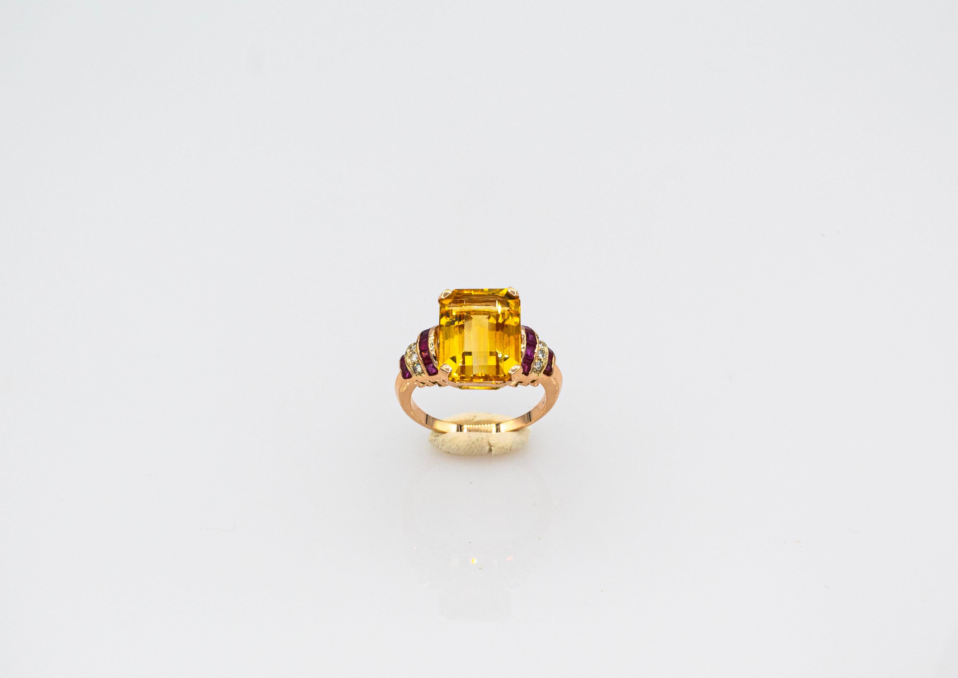 Women's or Men's Art Deco Style White Diamond Ruby Octagon Cut Citrine Yellow Gold Cocktail Ring For Sale