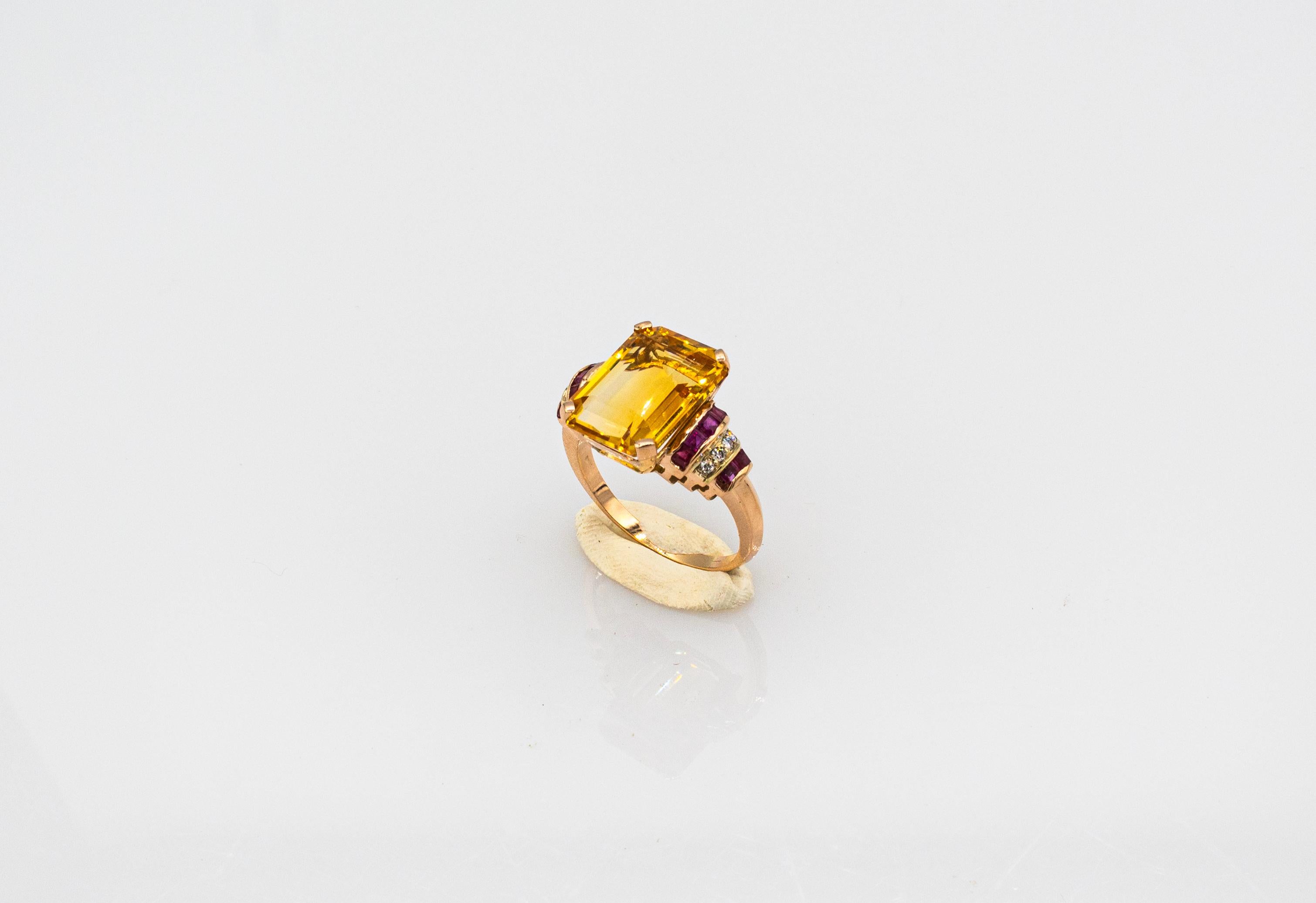 Art Deco Style White Diamond Ruby Octagon Cut Citrine Yellow Gold Cocktail Ring For Sale 1