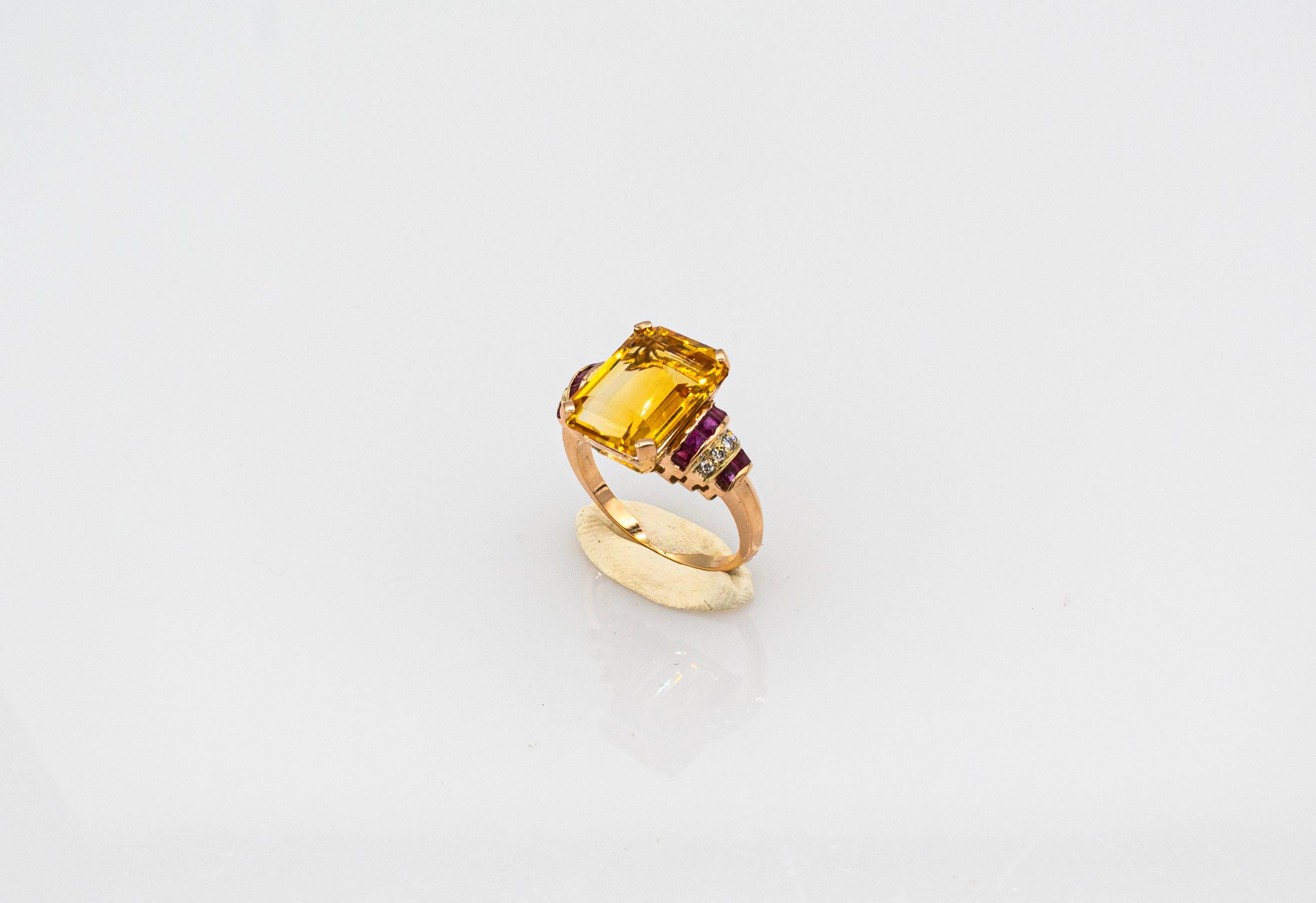 Art Deco Style White Diamond Ruby Octagon Cut Citrine Yellow Gold Cocktail Ring 1
