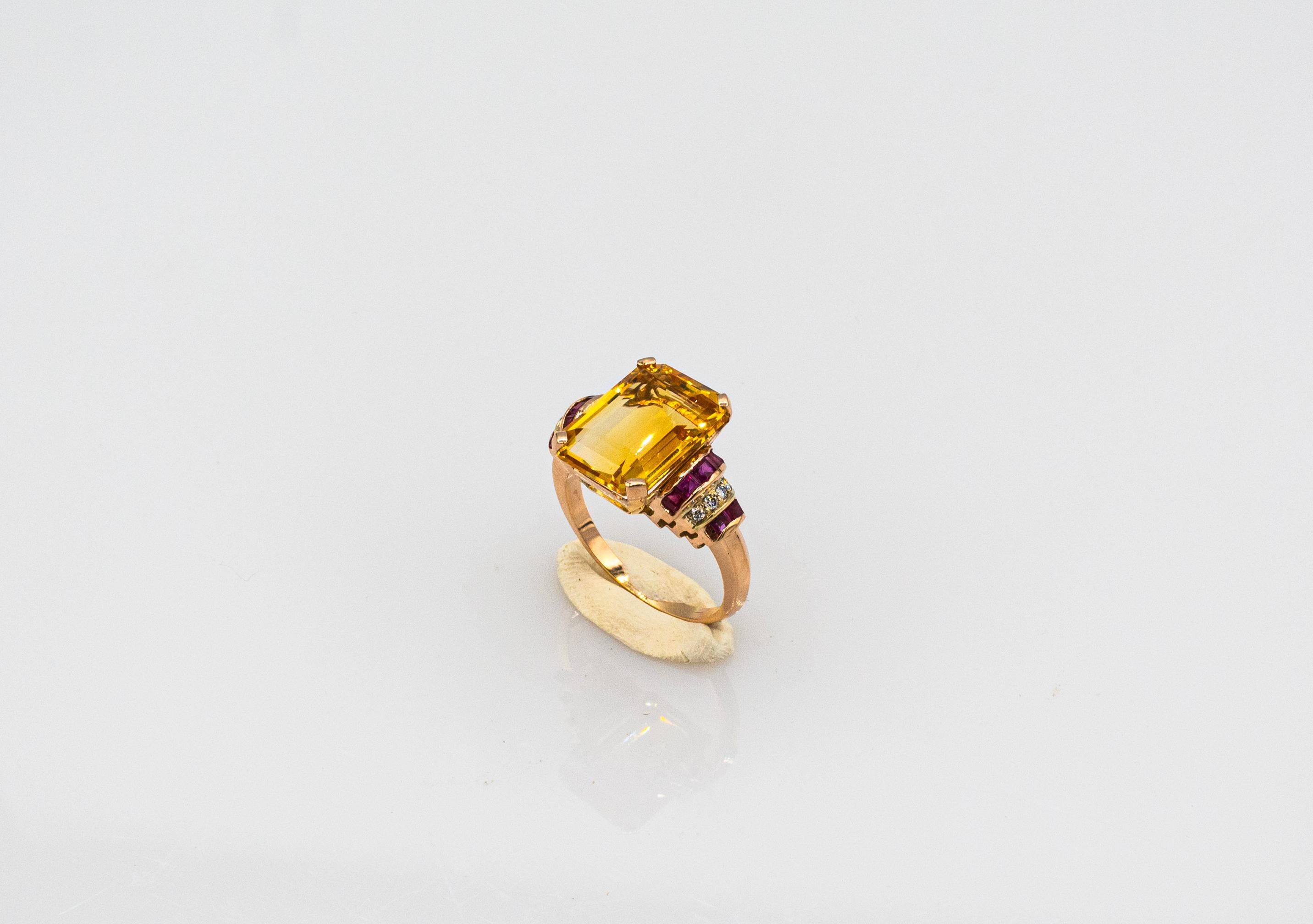 Art Deco Style White Diamond Ruby Octagon Cut Citrine Yellow Gold Cocktail Ring For Sale 2