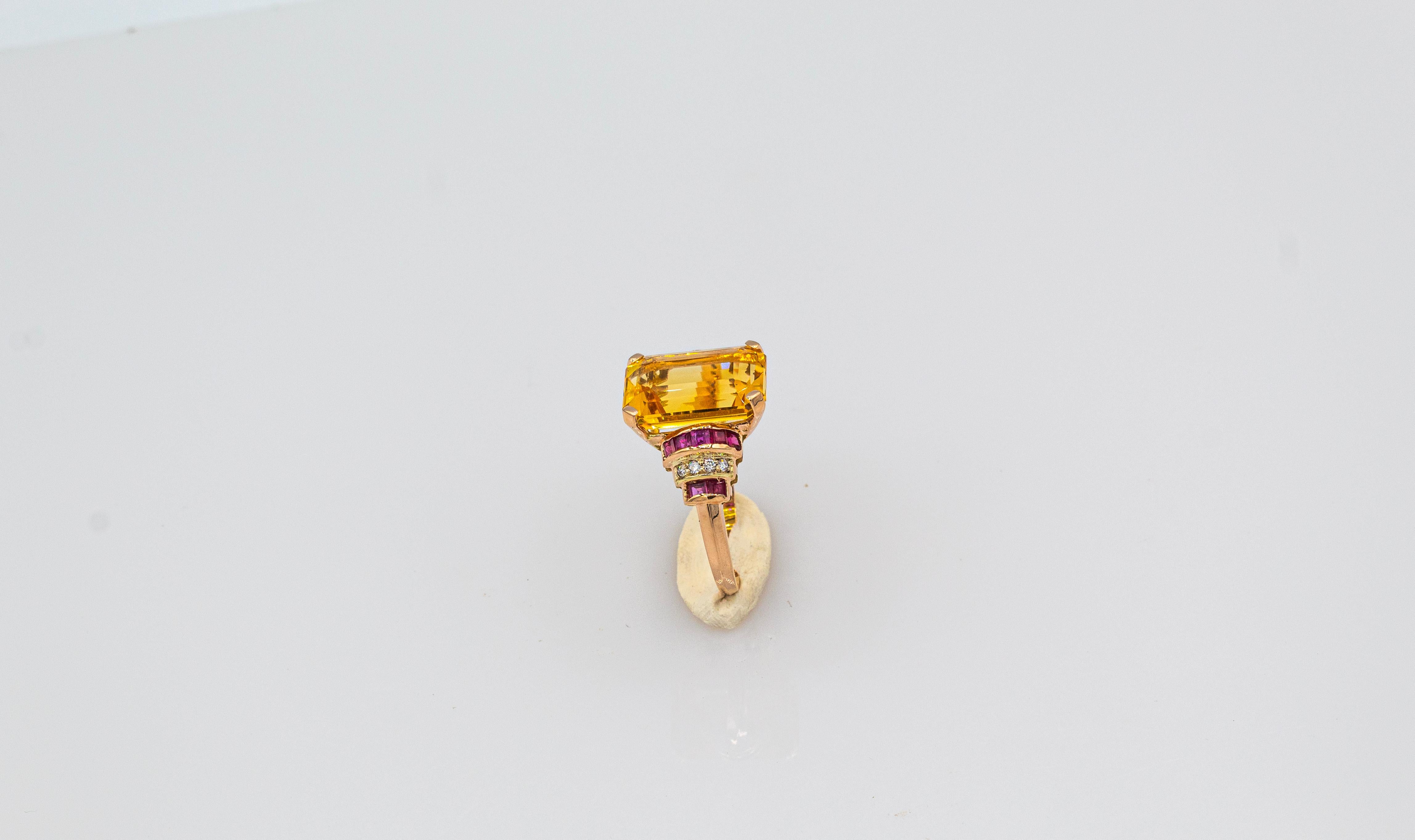Art Deco Style White Diamond Ruby Octagon Cut Citrine Yellow Gold Cocktail Ring For Sale 3