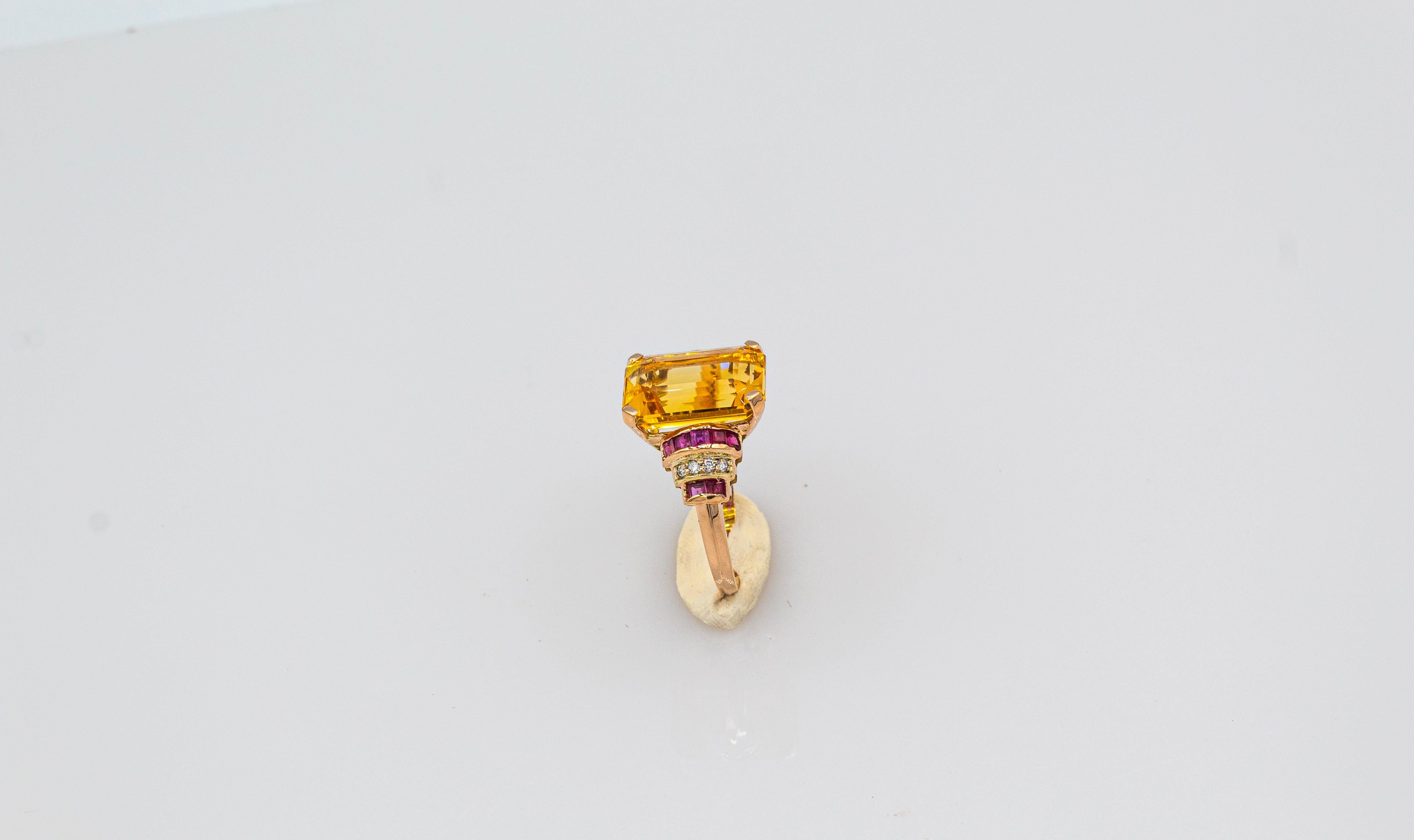 Art Deco Style White Diamond Ruby Octagon Cut Citrine Yellow Gold Cocktail Ring 3