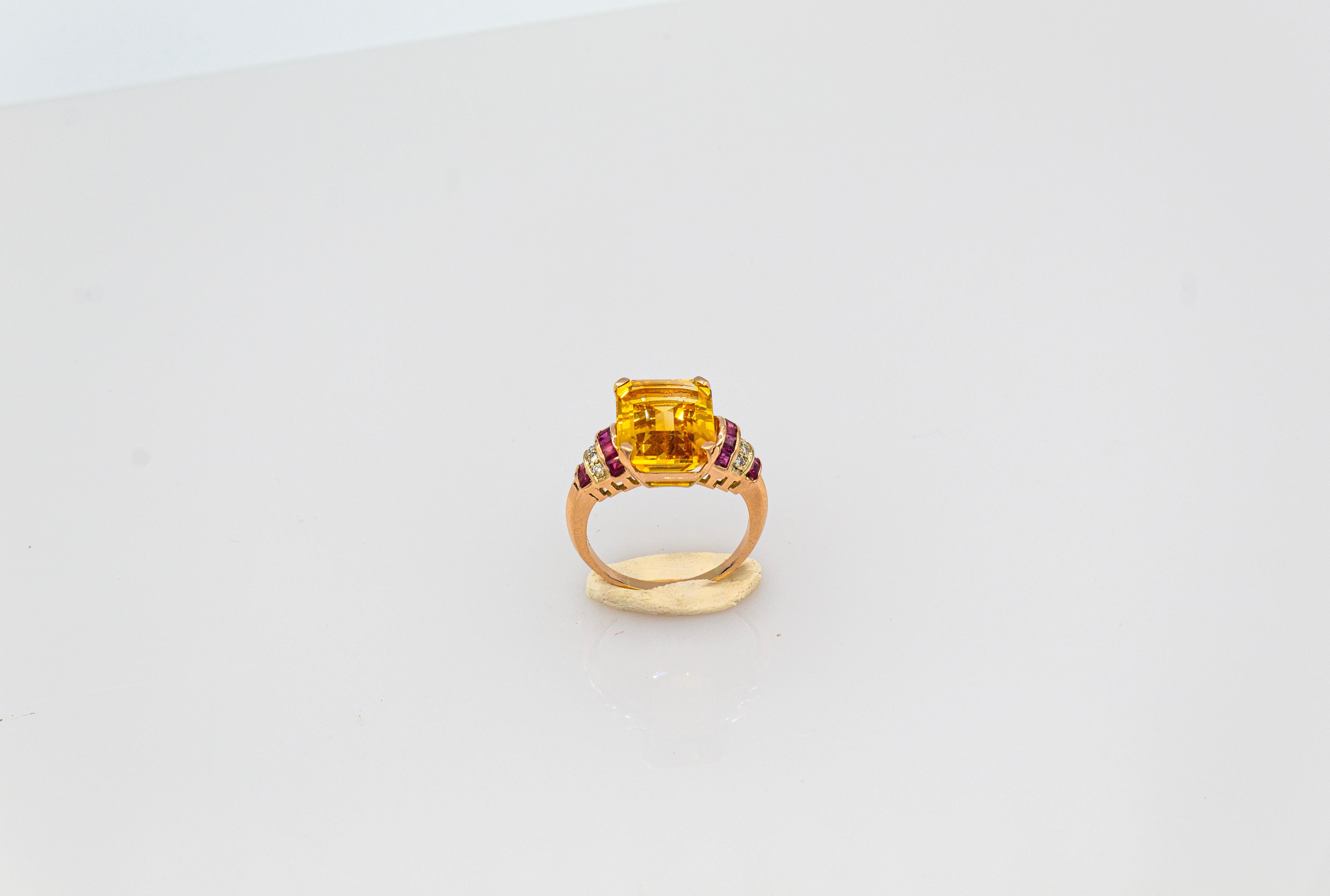 Art Deco Style White Diamond Ruby Octagon Cut Citrine Yellow Gold Cocktail Ring For Sale 4