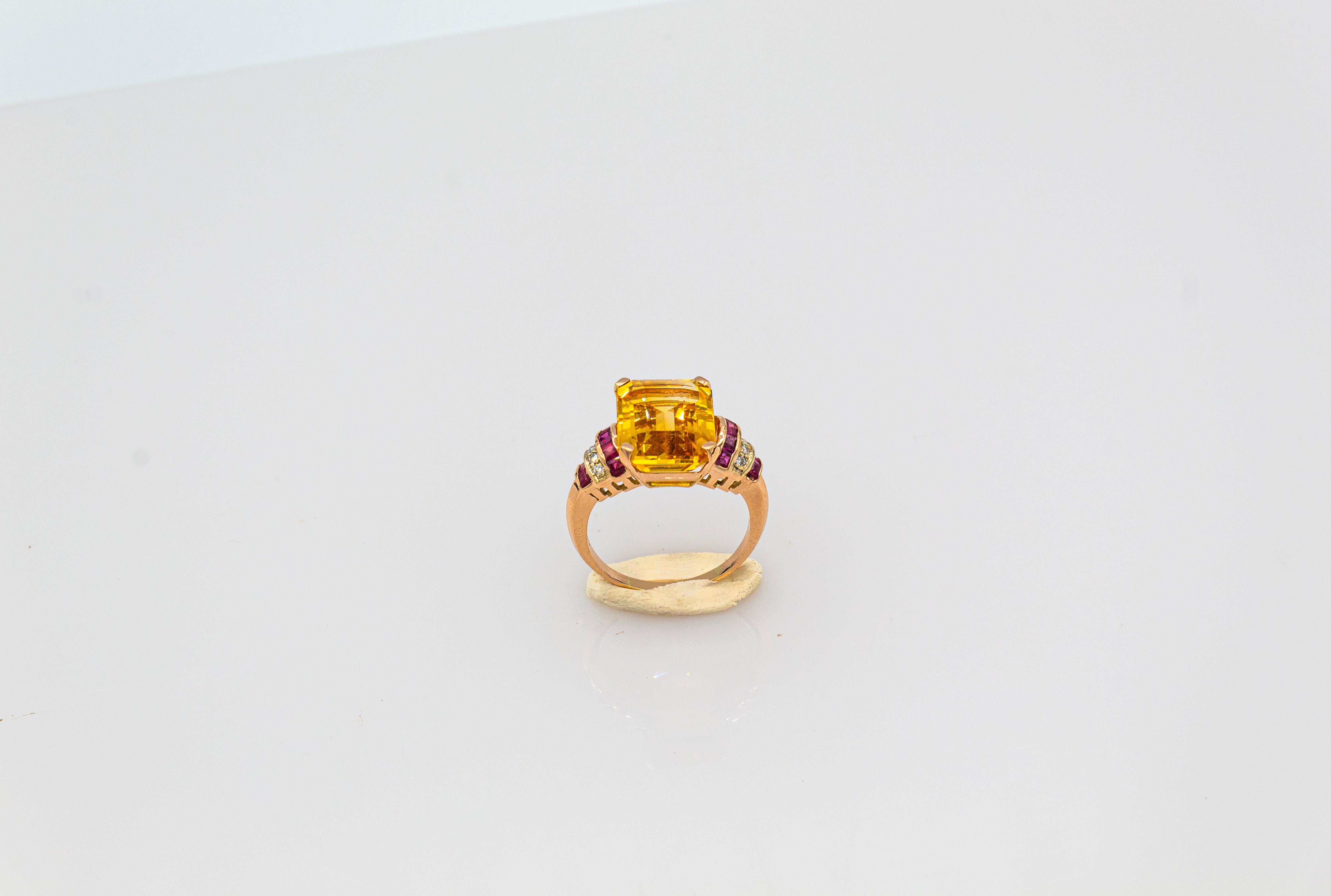 Art Deco Style White Diamond Ruby Octagon Cut Citrine Yellow Gold Cocktail Ring 4