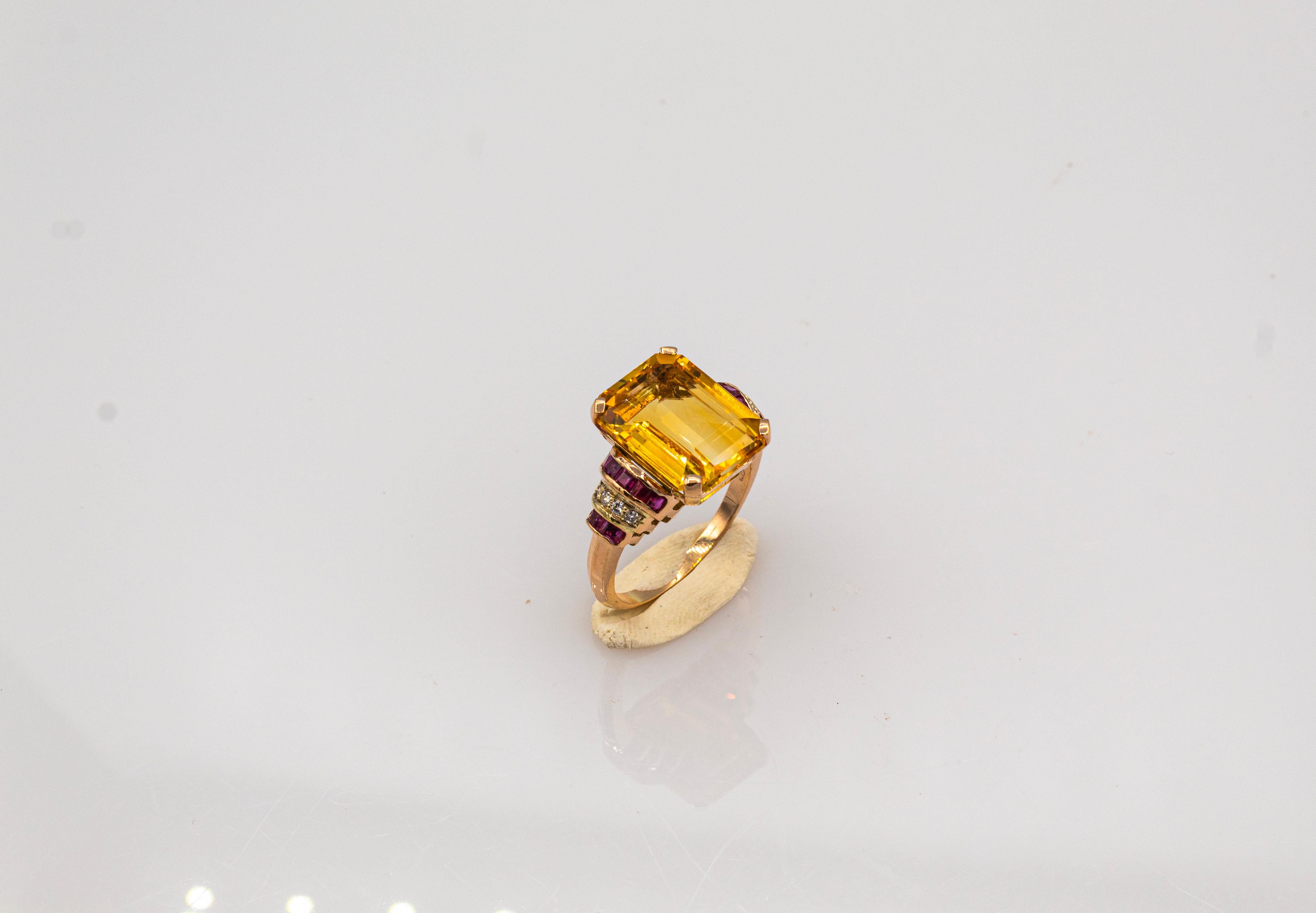 Art Deco Style White Diamond Ruby Octagon Cut Citrine Yellow Gold Cocktail Ring For Sale 5