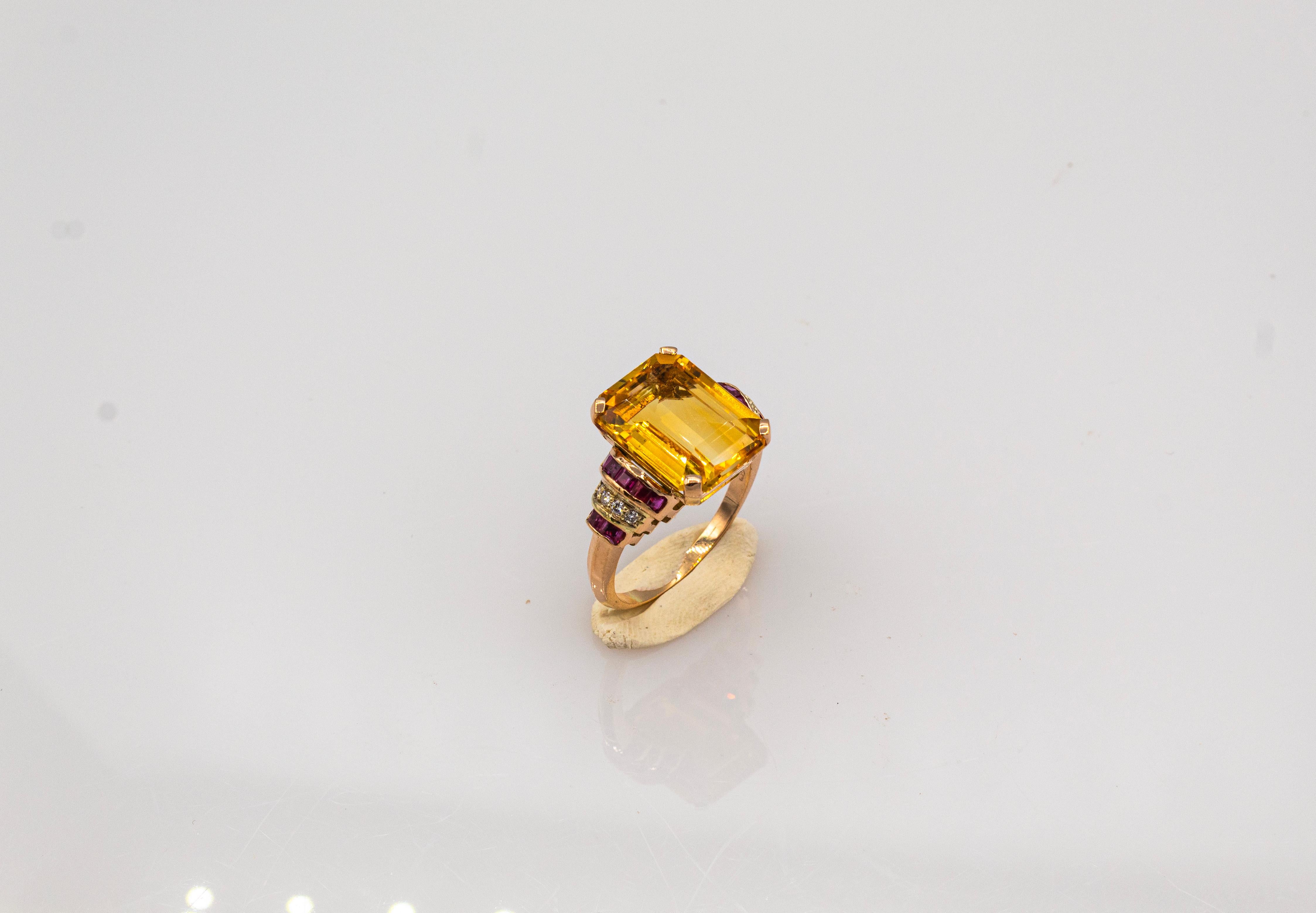 Art Deco Style White Diamond Ruby Octagon Cut Citrine Yellow Gold Cocktail Ring 5