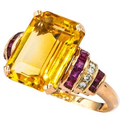 Art Deco Style White Diamond Ruby Octagon Cut Citrine Yellow Gold Cocktail Ring