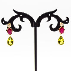 Art Deco Style White Diamond Ruby Peridot Yellow Gold Drop Earrings