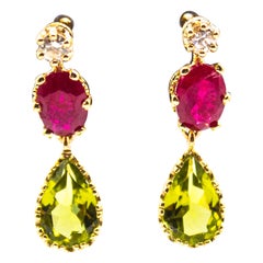 Art Deco Style White Diamond Ruby Peridot Yellow Gold Drop Earrings