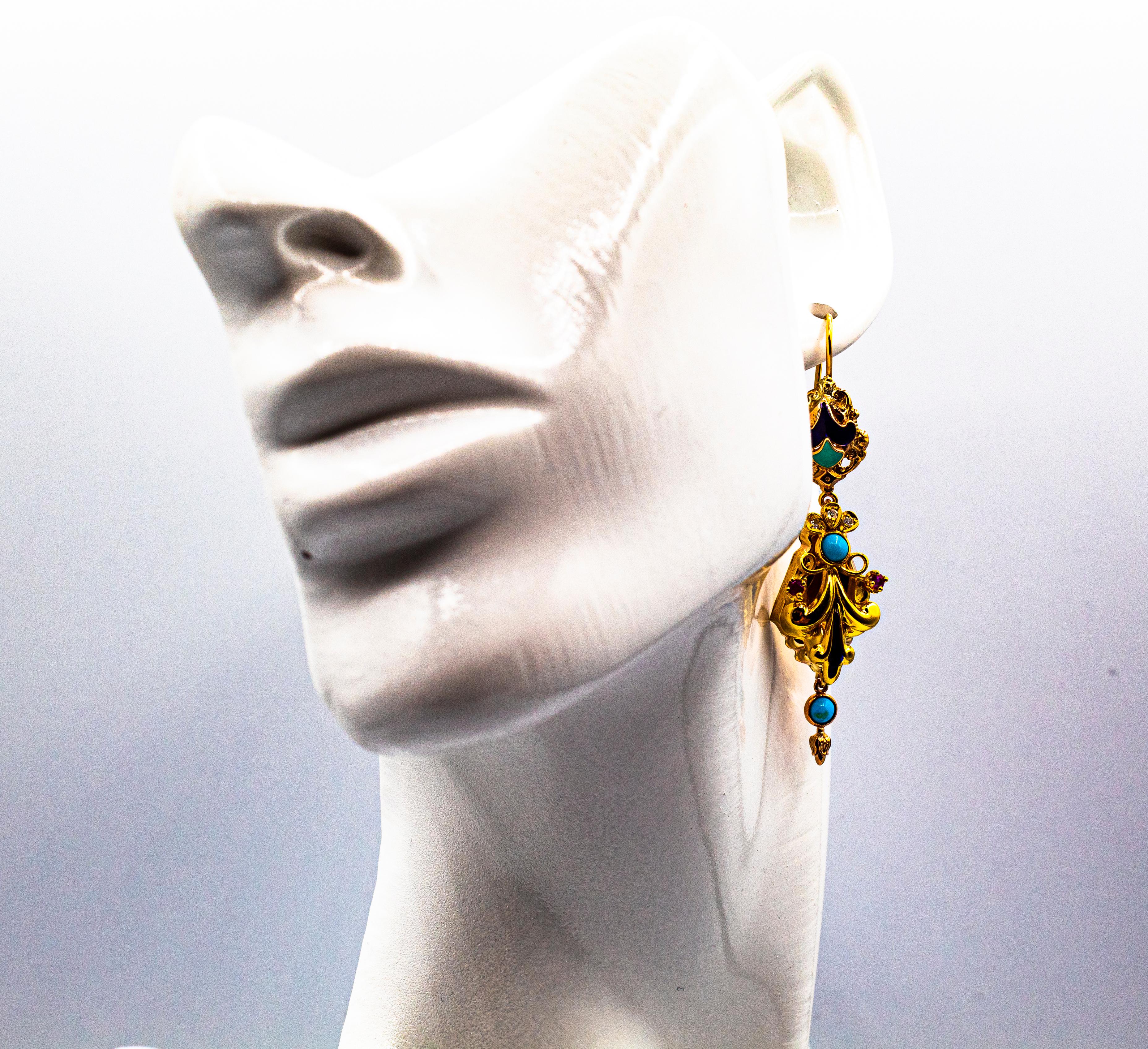 Art Deco Style White Diamond Ruby Turquoise Enamel Yellow Gold Drop Earrings For Sale 4