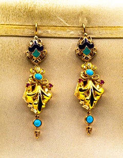 Orecchini a goccia in oro giallo con diamante bianco, rubino, turchese e smalto in stile Art Deco