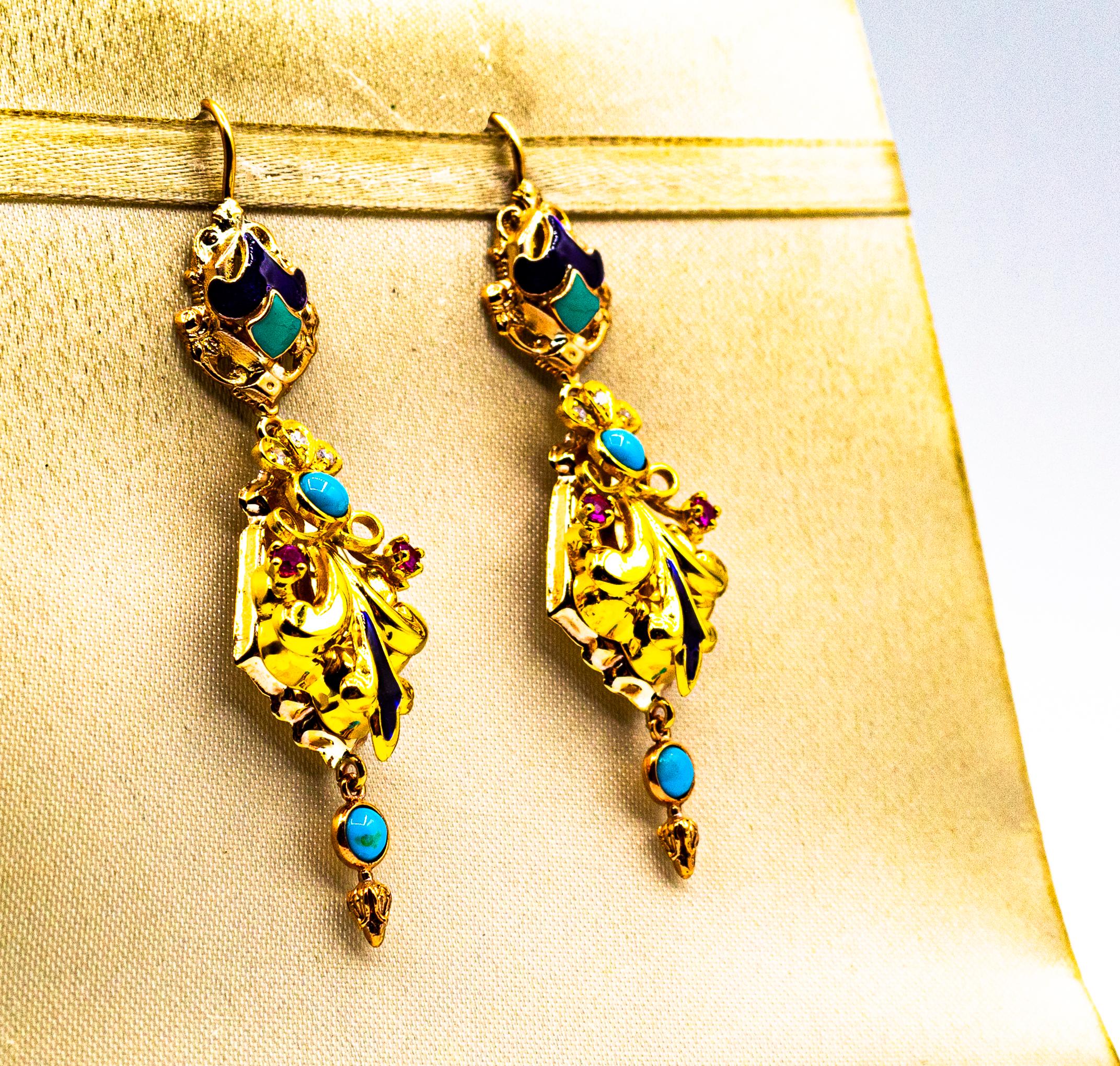 Brilliant Cut Art Deco Style White Diamond Ruby Turquoise Enamel Yellow Gold Drop Earrings