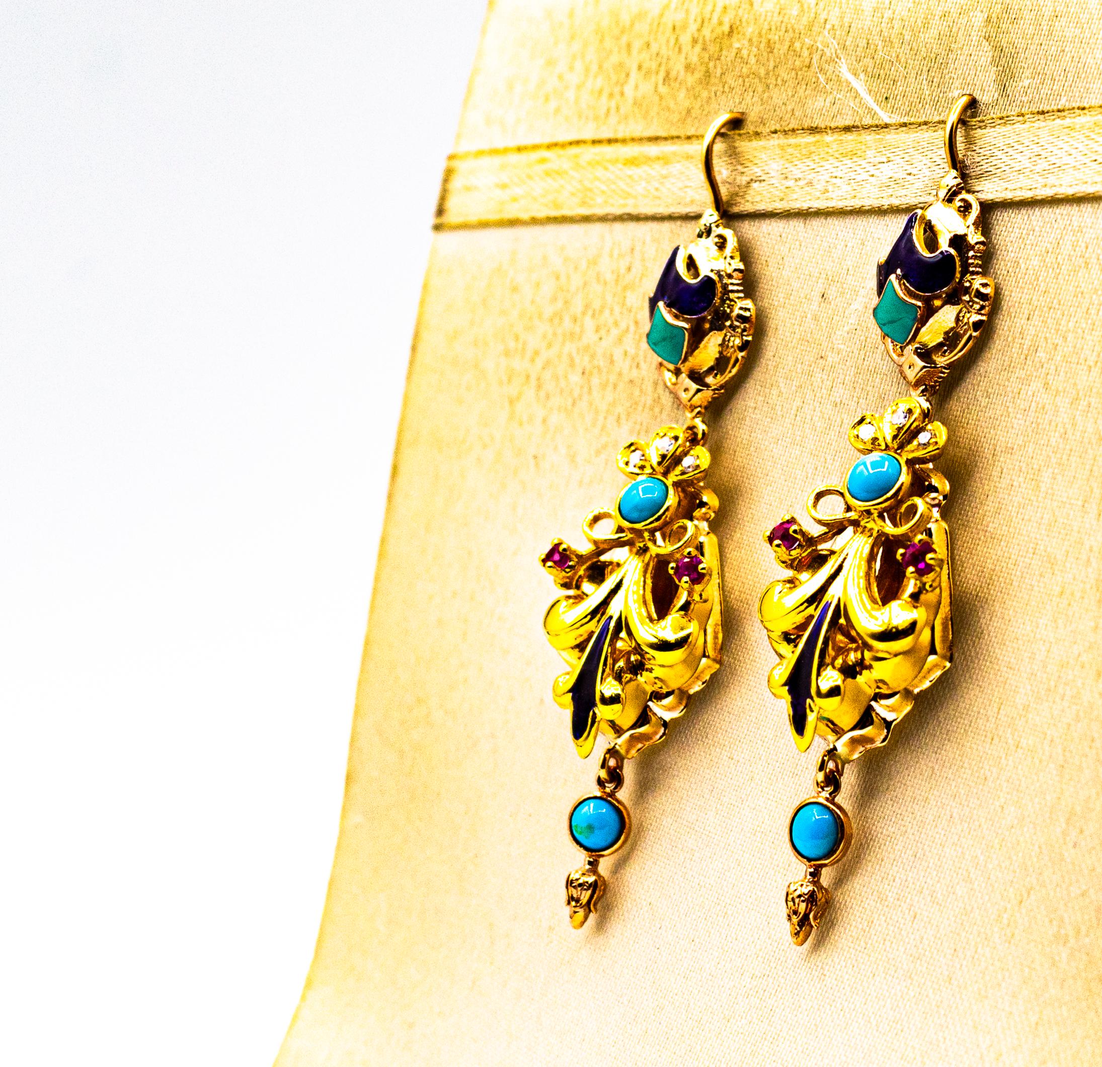 Brilliant Cut Art Deco Style White Diamond Ruby Turquoise Enamel Yellow Gold Drop Earrings For Sale