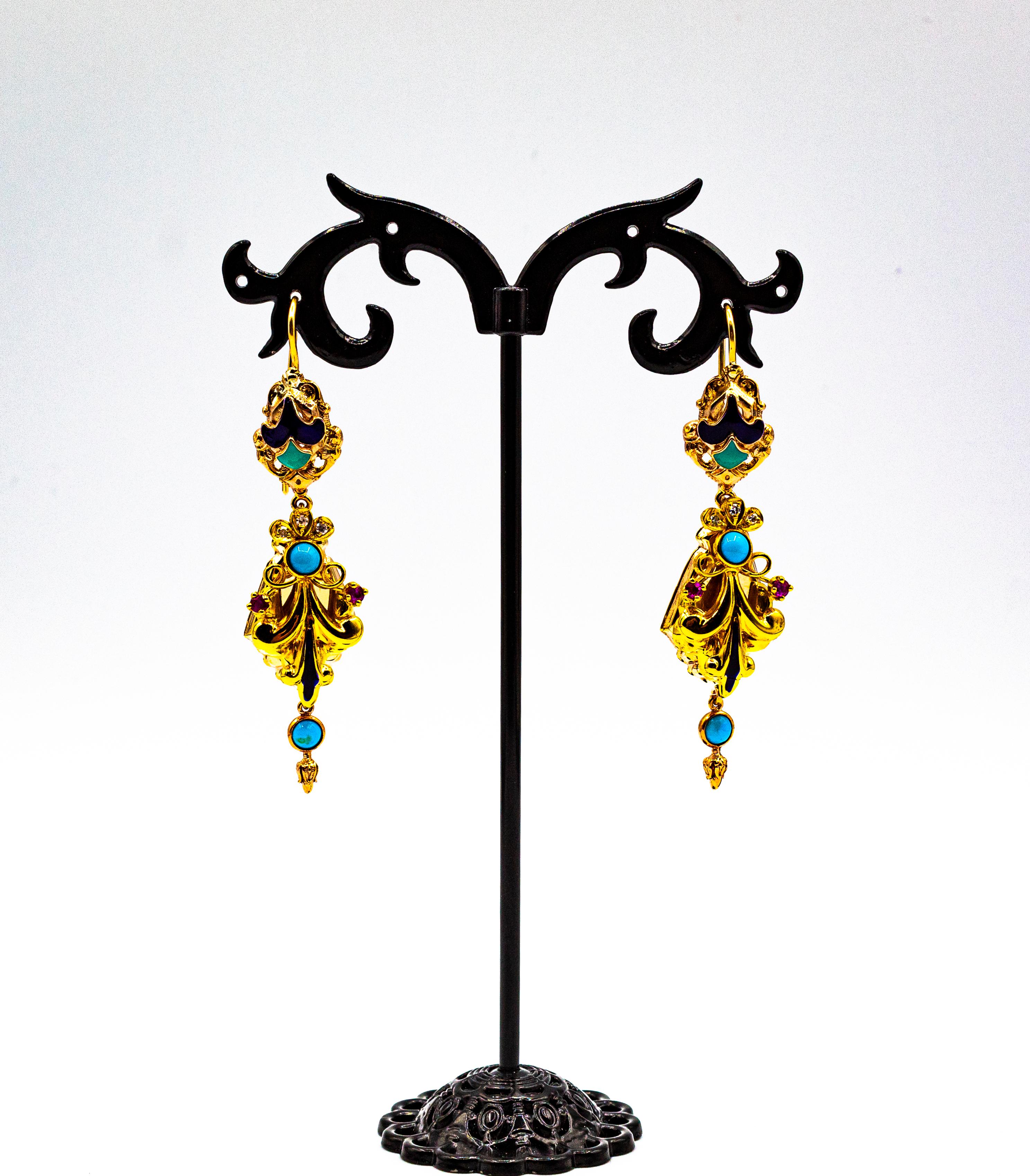 Art Deco Style White Diamond Ruby Turquoise Enamel Yellow Gold Drop Earrings In New Condition For Sale In Naples, IT