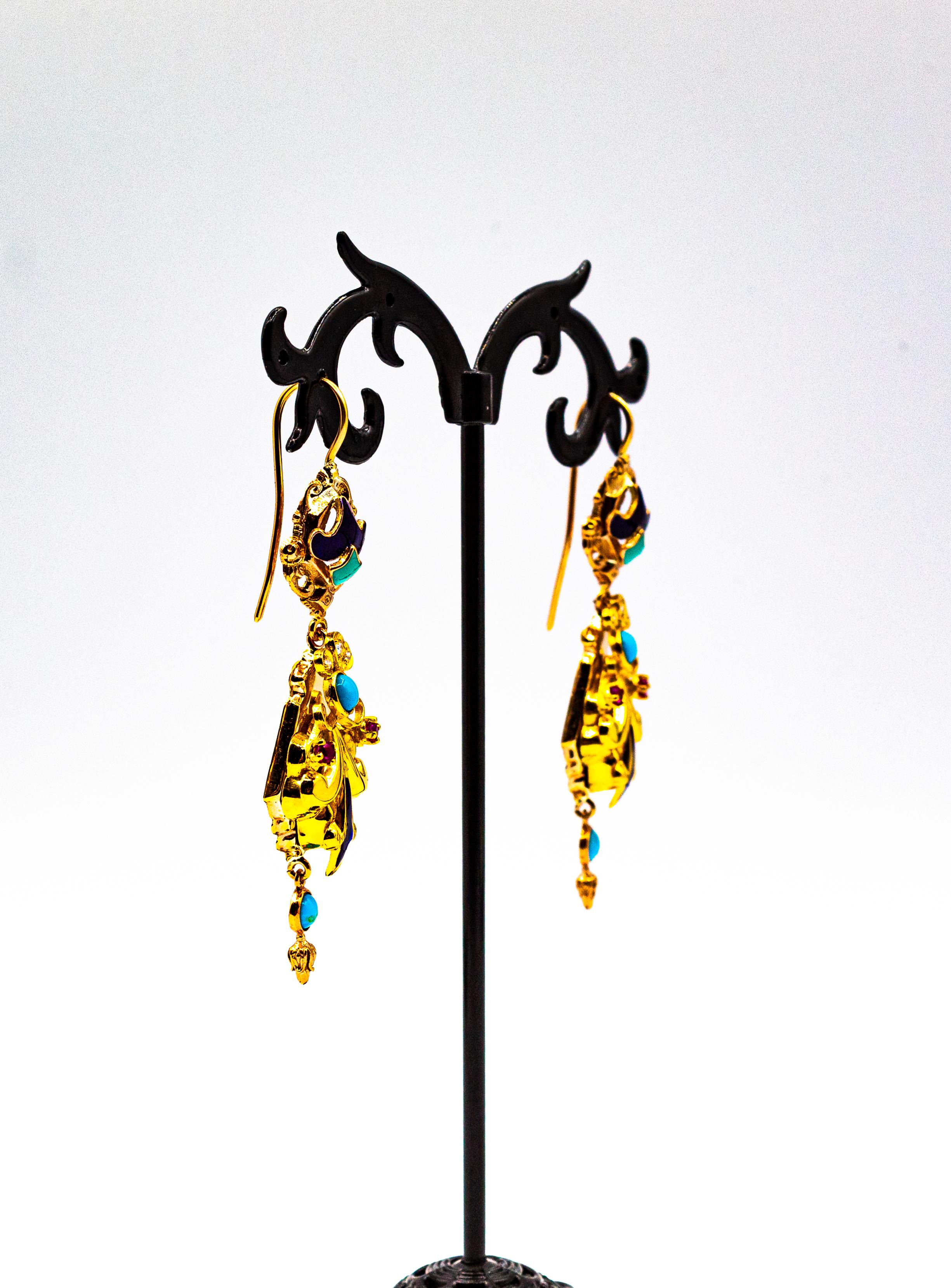 Art Deco Style White Diamond Ruby Turquoise Enamel Yellow Gold Drop Earrings 1