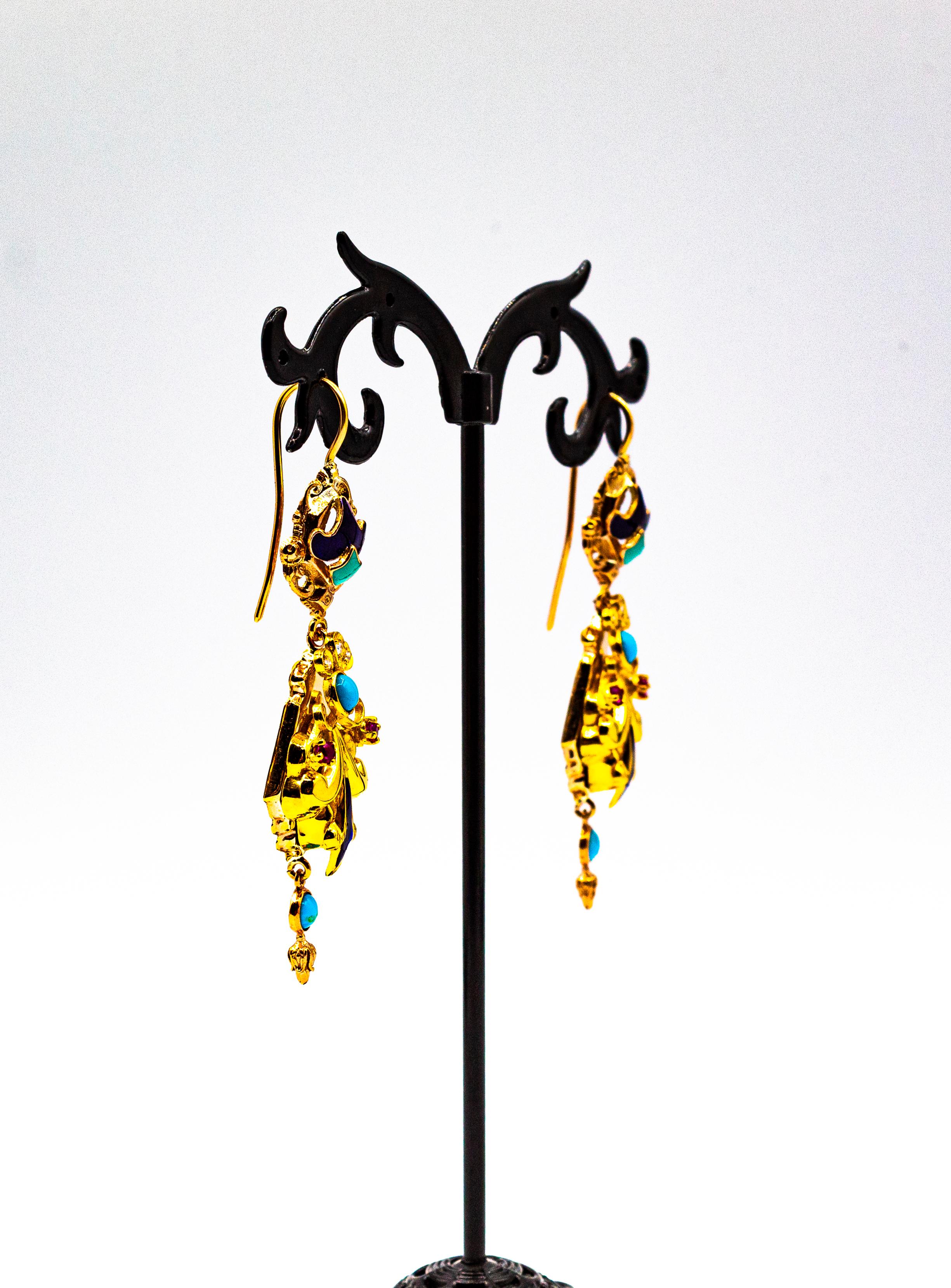 da uomo o donna Orecchini a goccia in oro giallo con diamante bianco, rubino, turchese e smalto in stile Art Deco in vendita