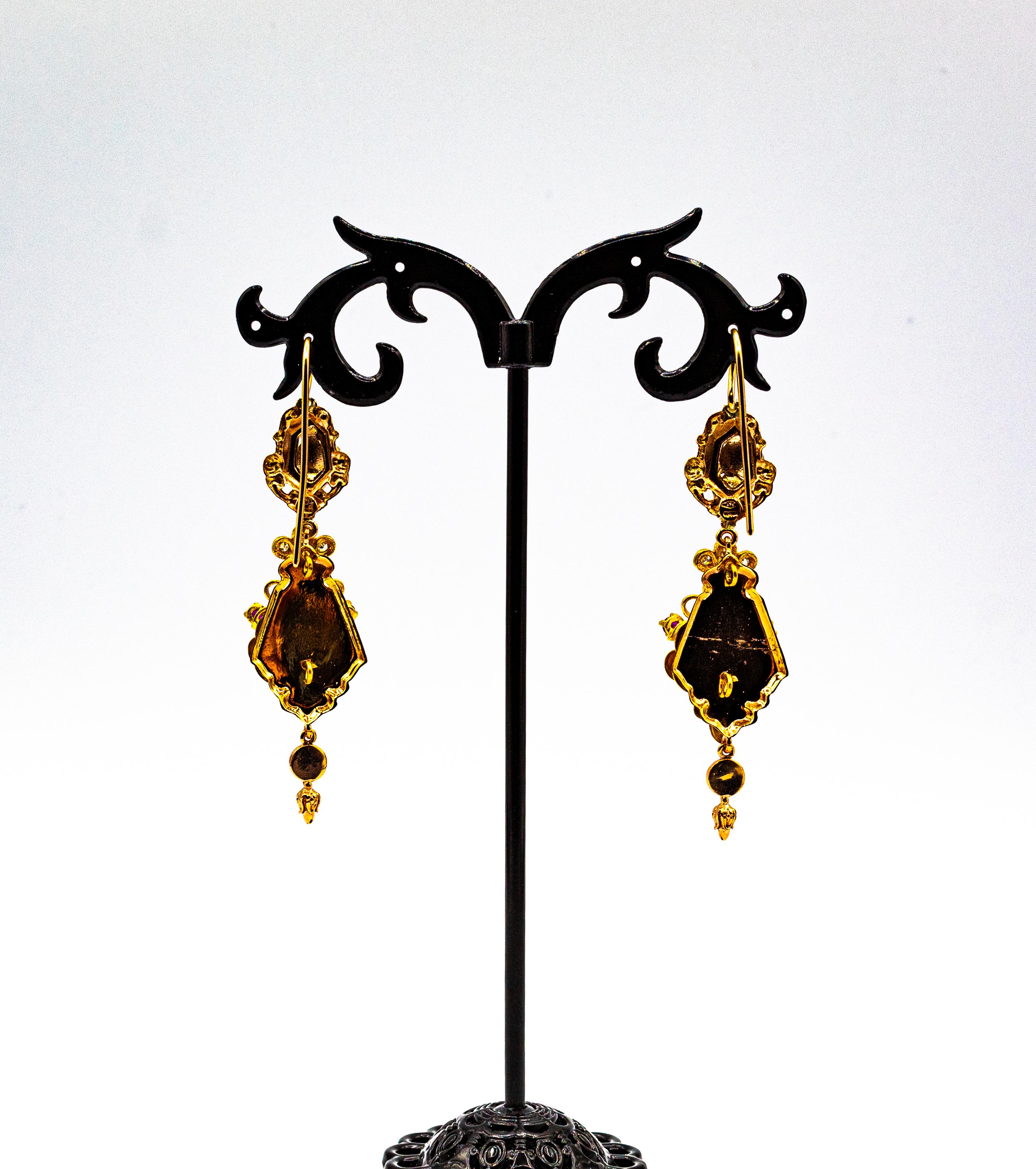 Art Deco Style White Diamond Ruby Turquoise Enamel Yellow Gold Drop Earrings 2