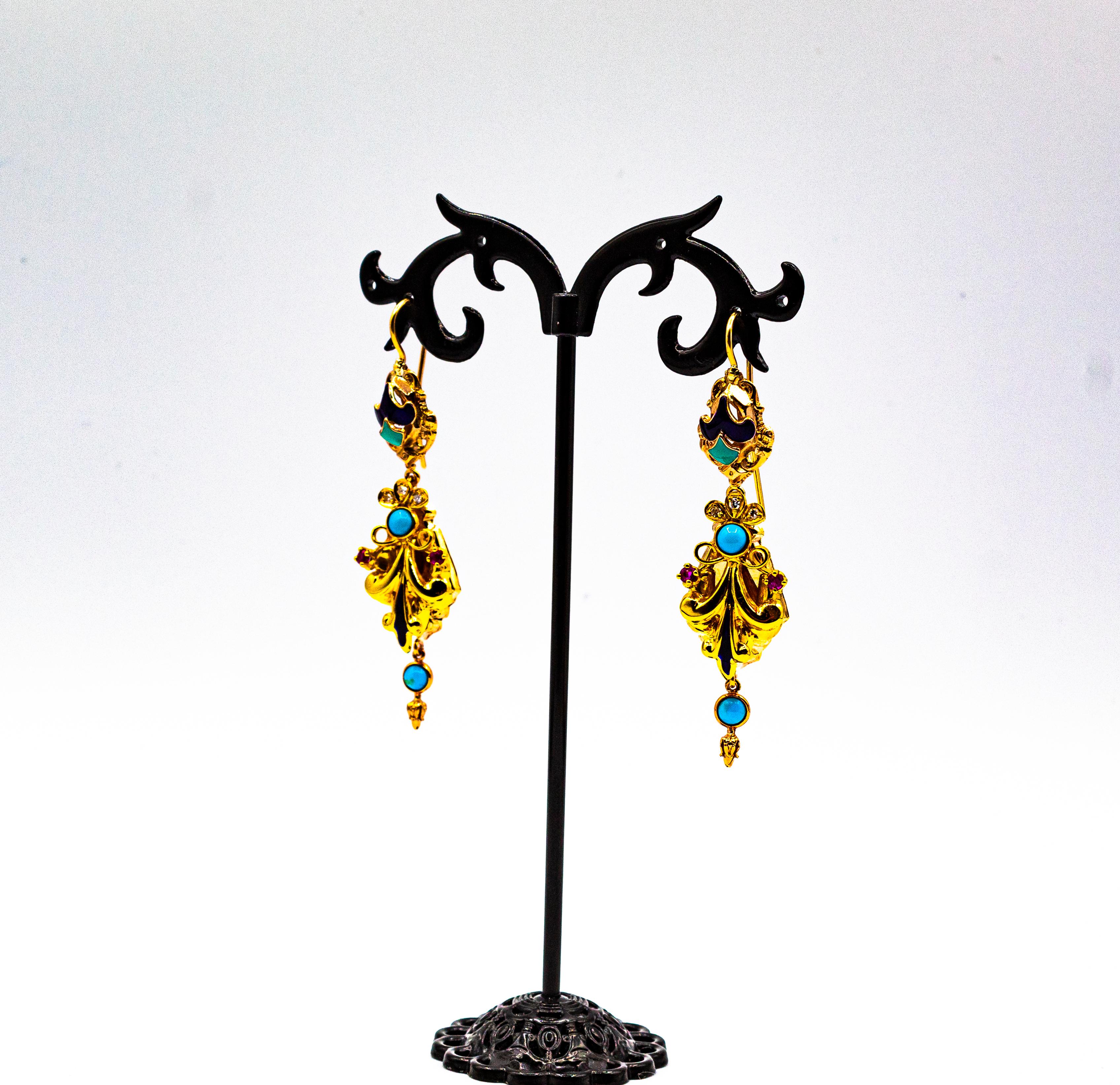 Art Deco Style White Diamond Ruby Turquoise Enamel Yellow Gold Drop Earrings For Sale 2