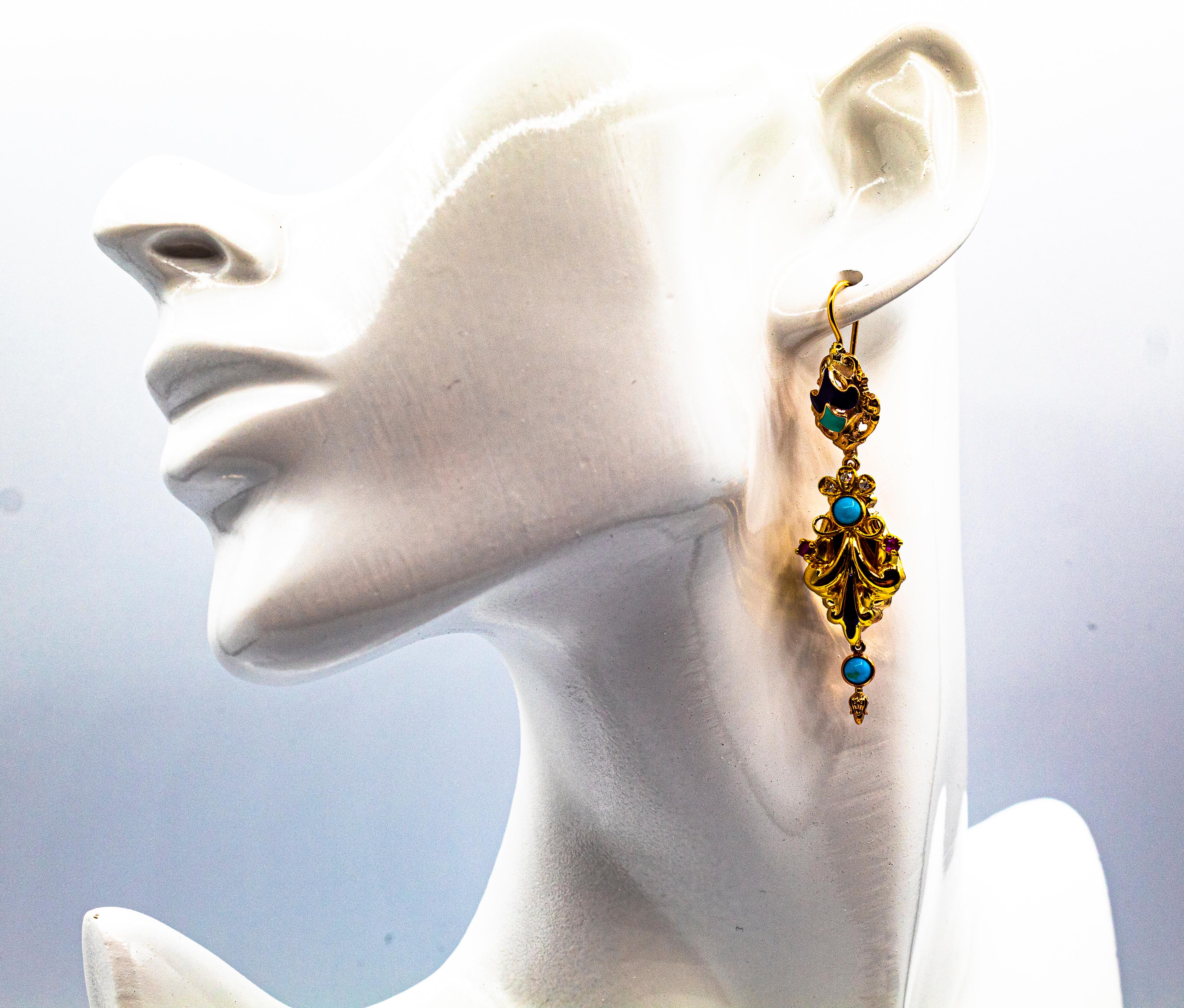 Orecchini a goccia in oro giallo con diamante bianco, rubino, turchese e smalto in stile Art Deco in vendita 3