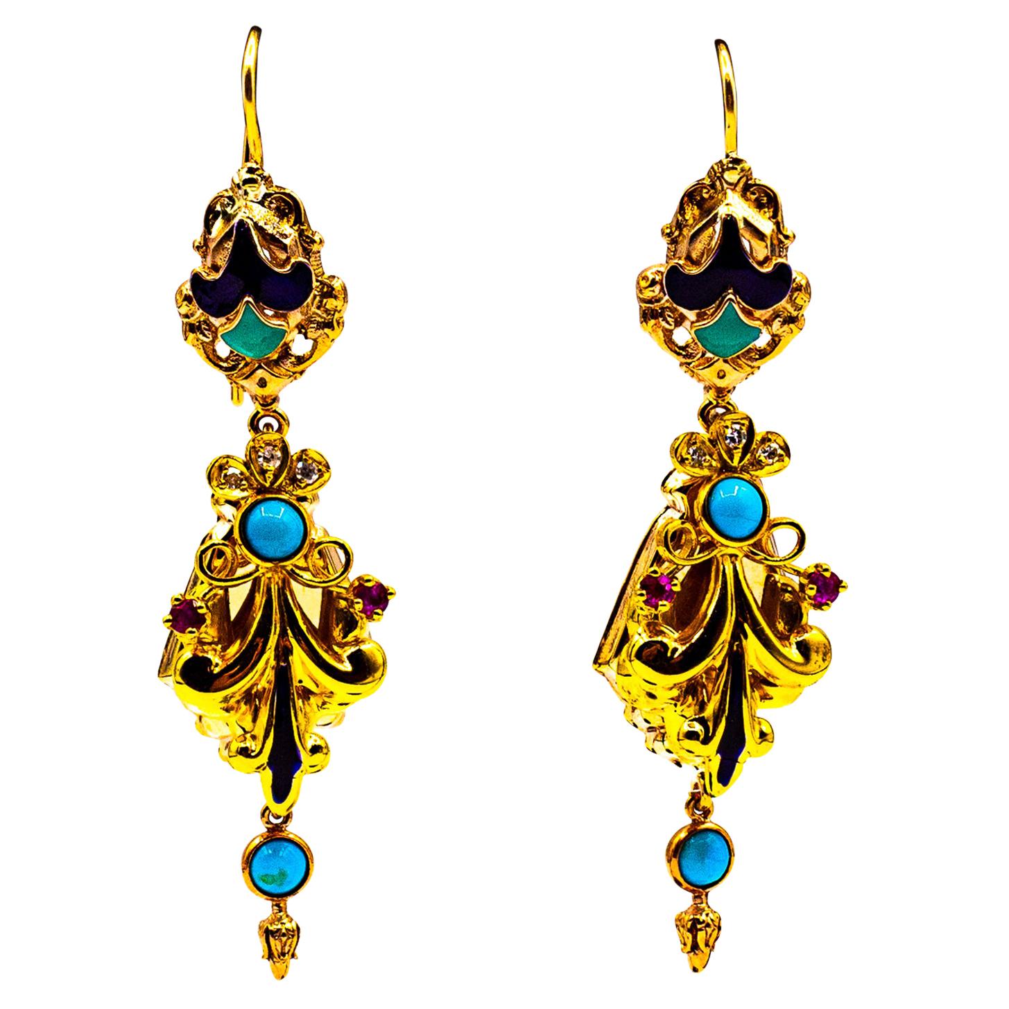 Art Deco Style White Diamond Ruby Turquoise Enamel Yellow Gold Drop Earrings