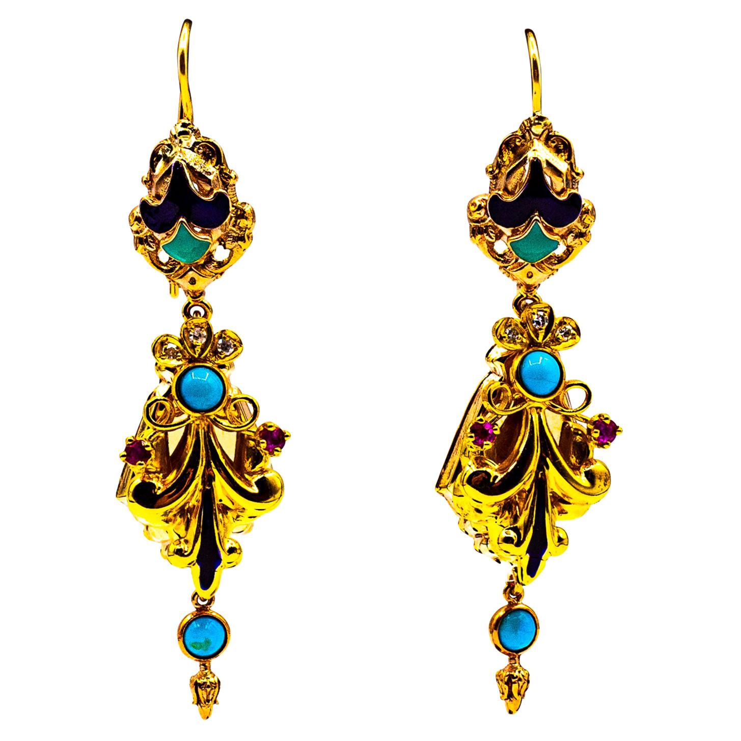 Boucles d'oreilles en goutte de style Art déco en or jaune, diamants blancs, rubis, turquoises et émail