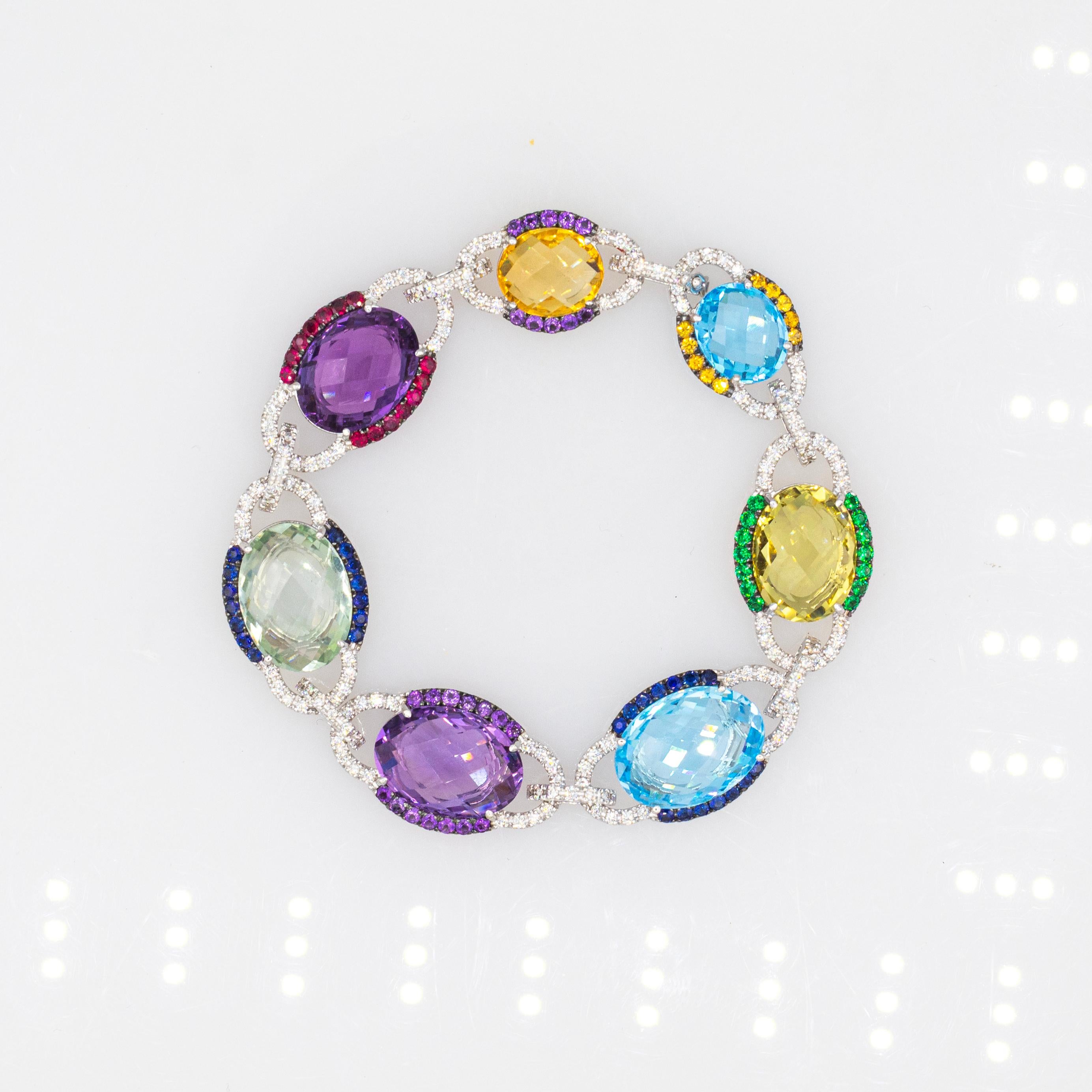 Pulsera de oro blanco estilo art déco con diamantes blancos zafiro rubí amatista en venta 4