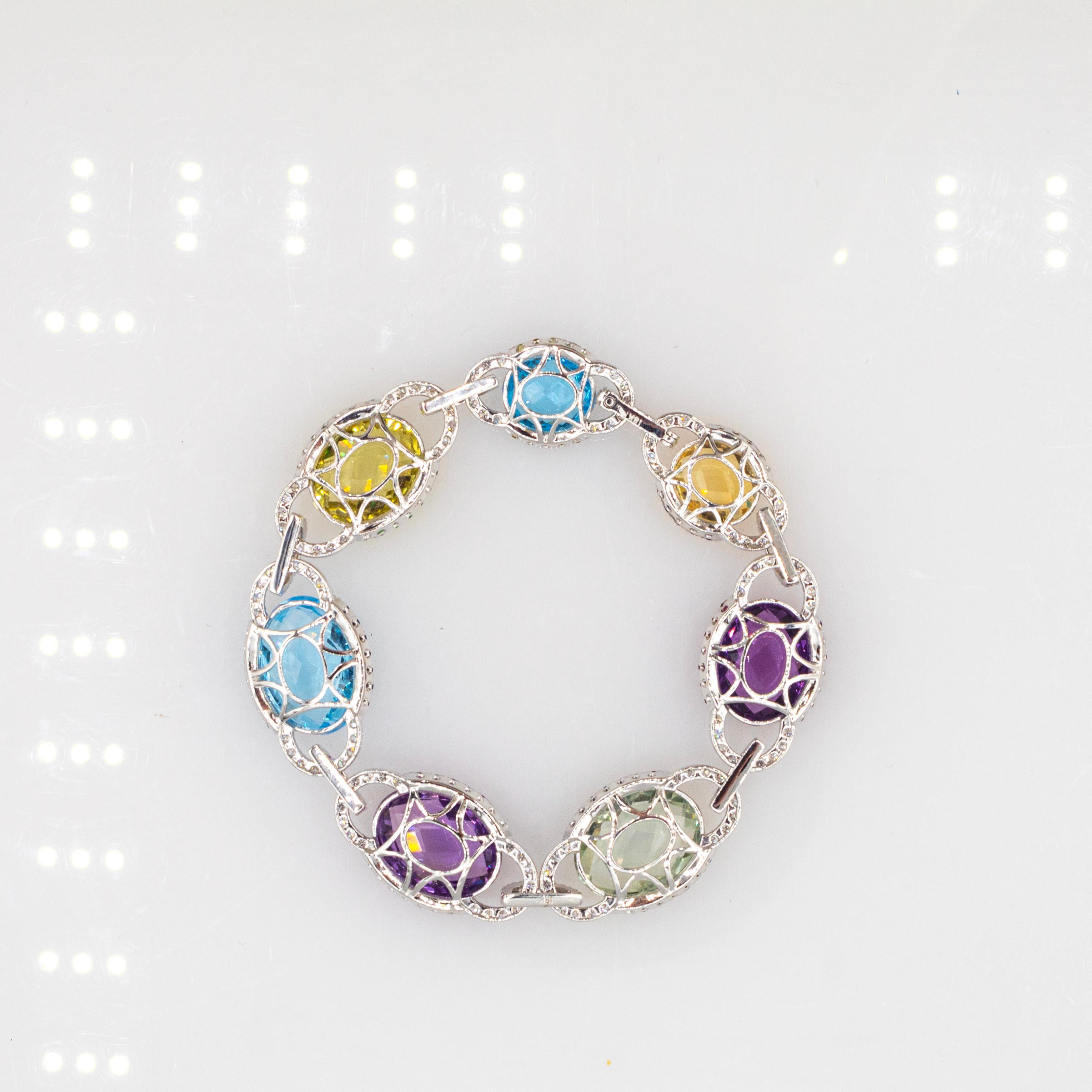 Pulsera de oro blanco estilo art déco con diamantes blancos zafiro rubí amatista en venta 5