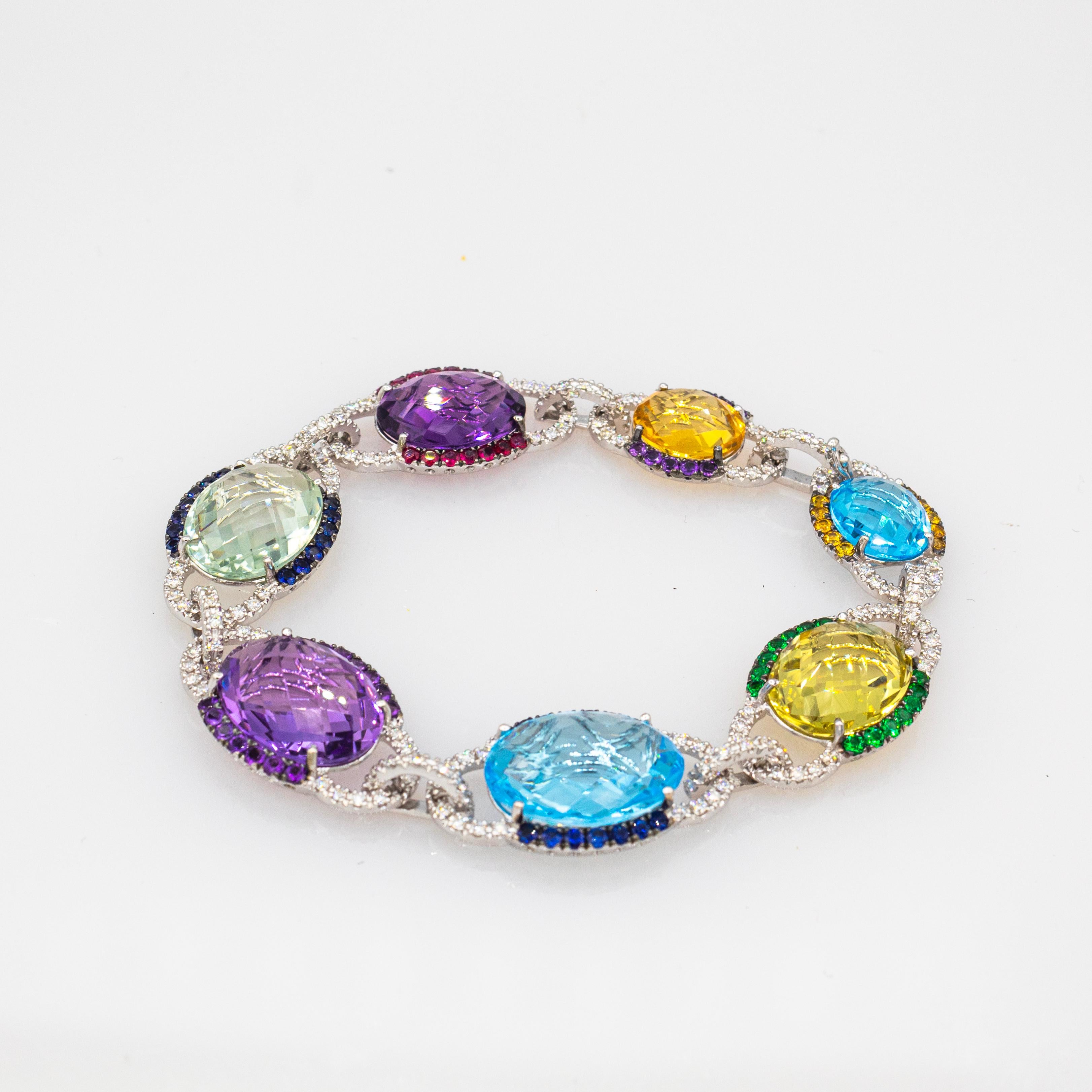 Pulsera de oro blanco estilo art déco con diamantes blancos zafiro rubí amatista en venta 6