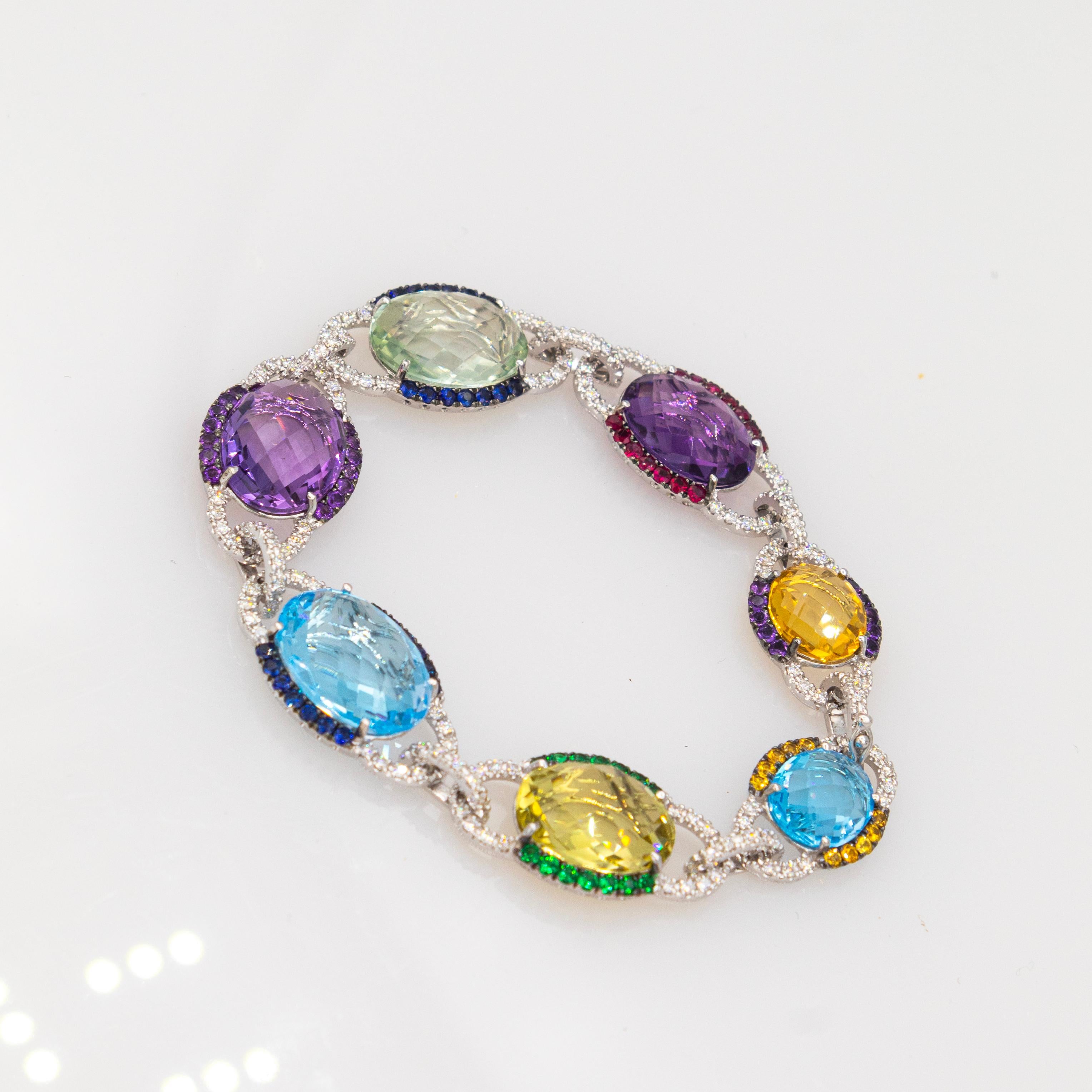 Pulsera de oro blanco estilo art déco con diamantes blancos zafiro rubí amatista en venta 7