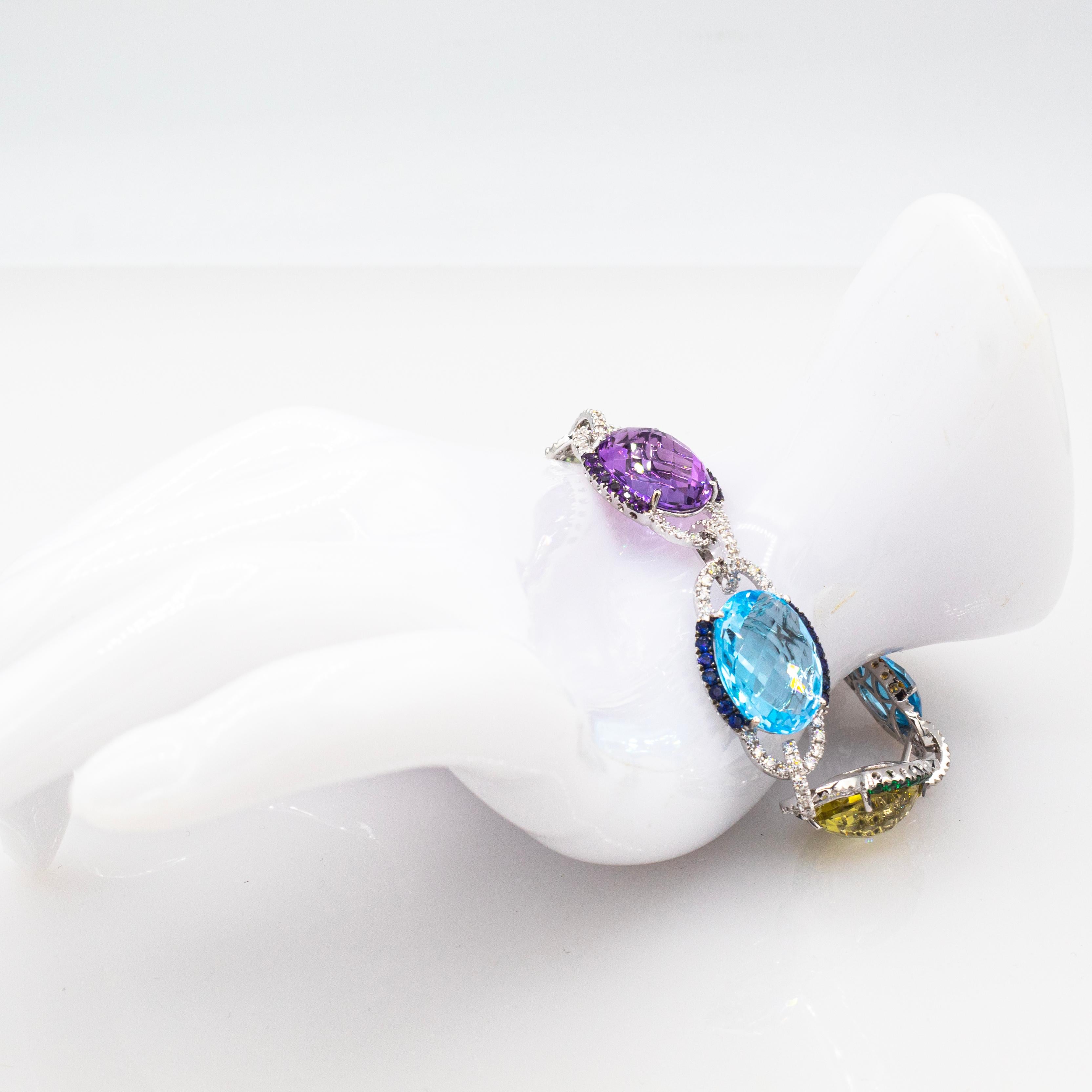 Pulsera de oro blanco estilo art déco con diamantes blancos zafiro rubí amatista en venta 8