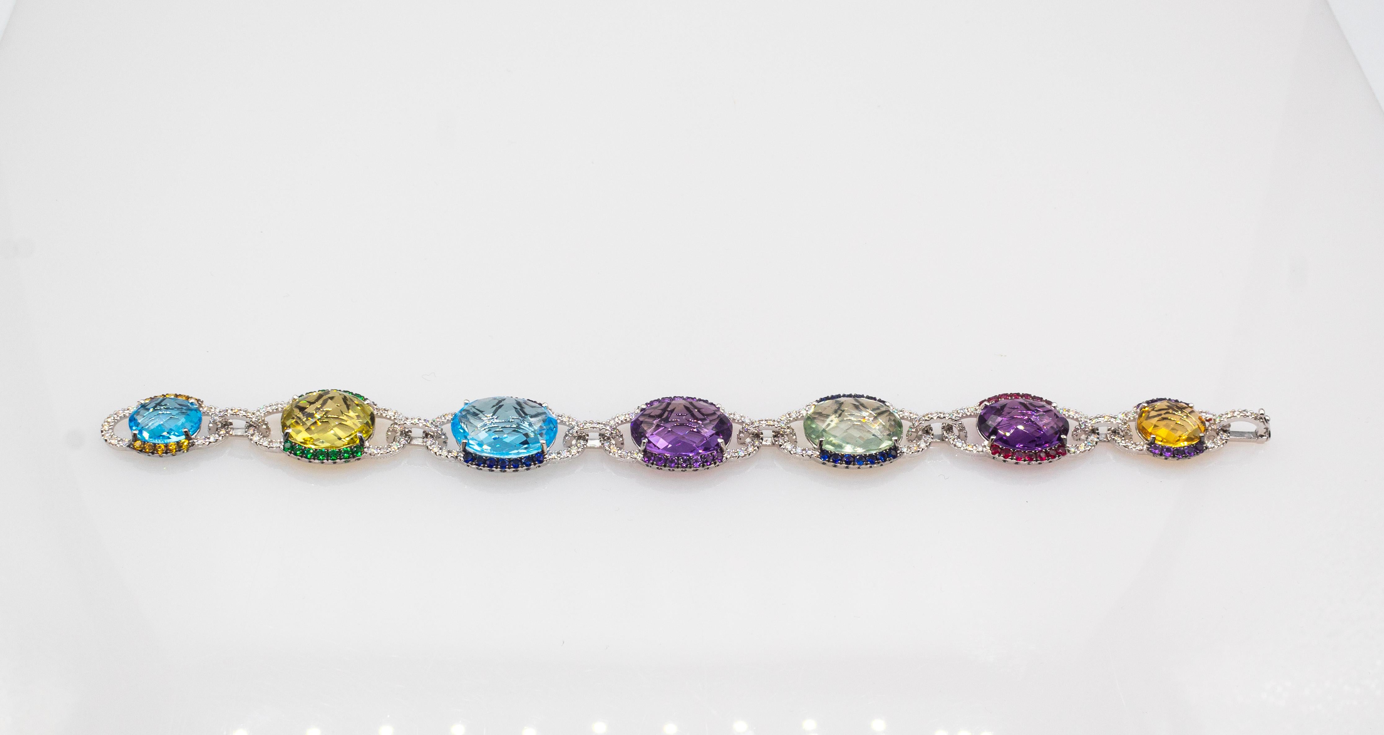 Pulsera de oro blanco estilo art déco con diamantes blancos zafiro rubí amatista Corte brillante en venta