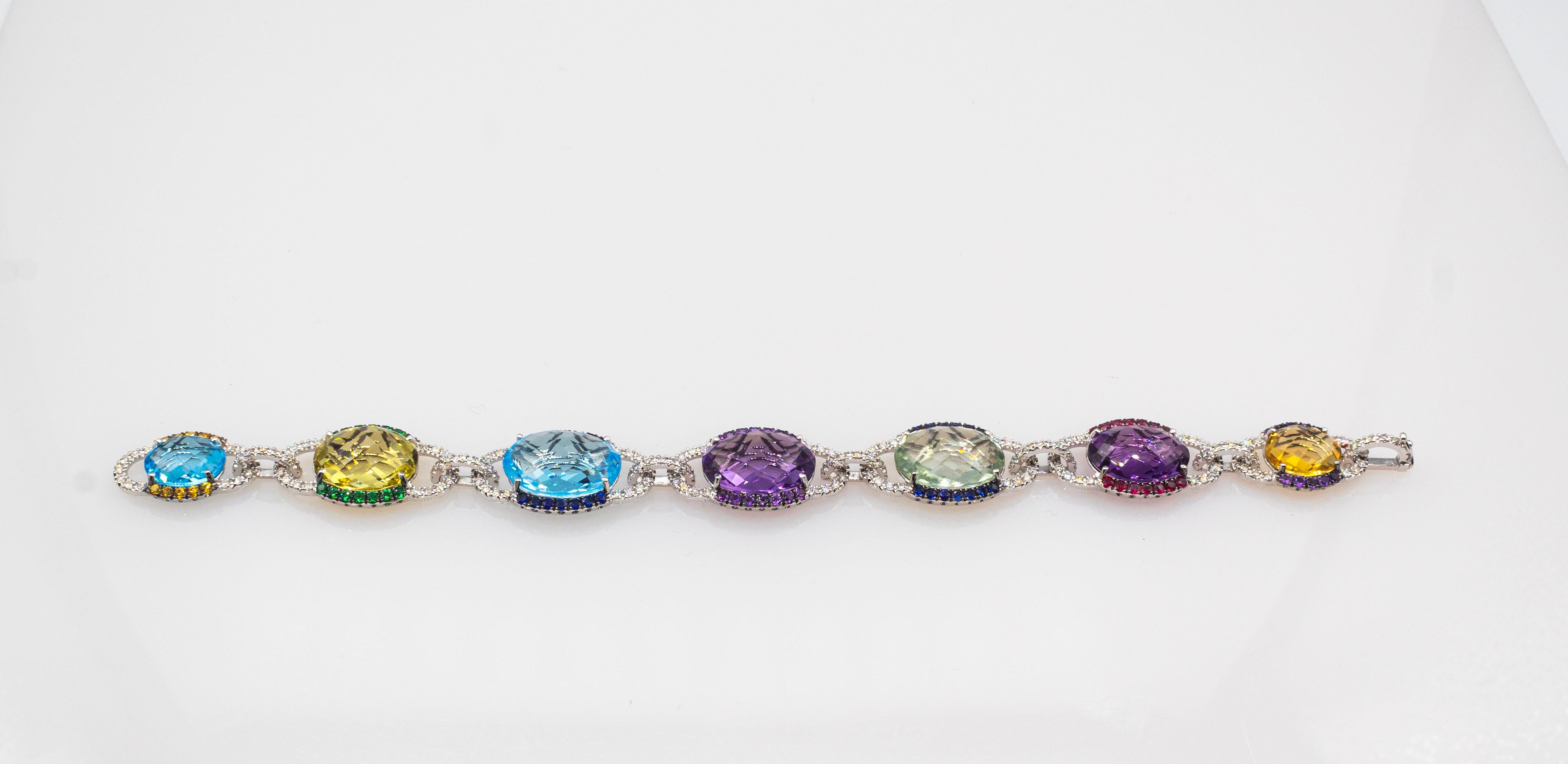 Pulsera de oro blanco estilo art déco con diamantes blancos zafiro rubí amatista en Nuevo estado para la venta en Naples, IT