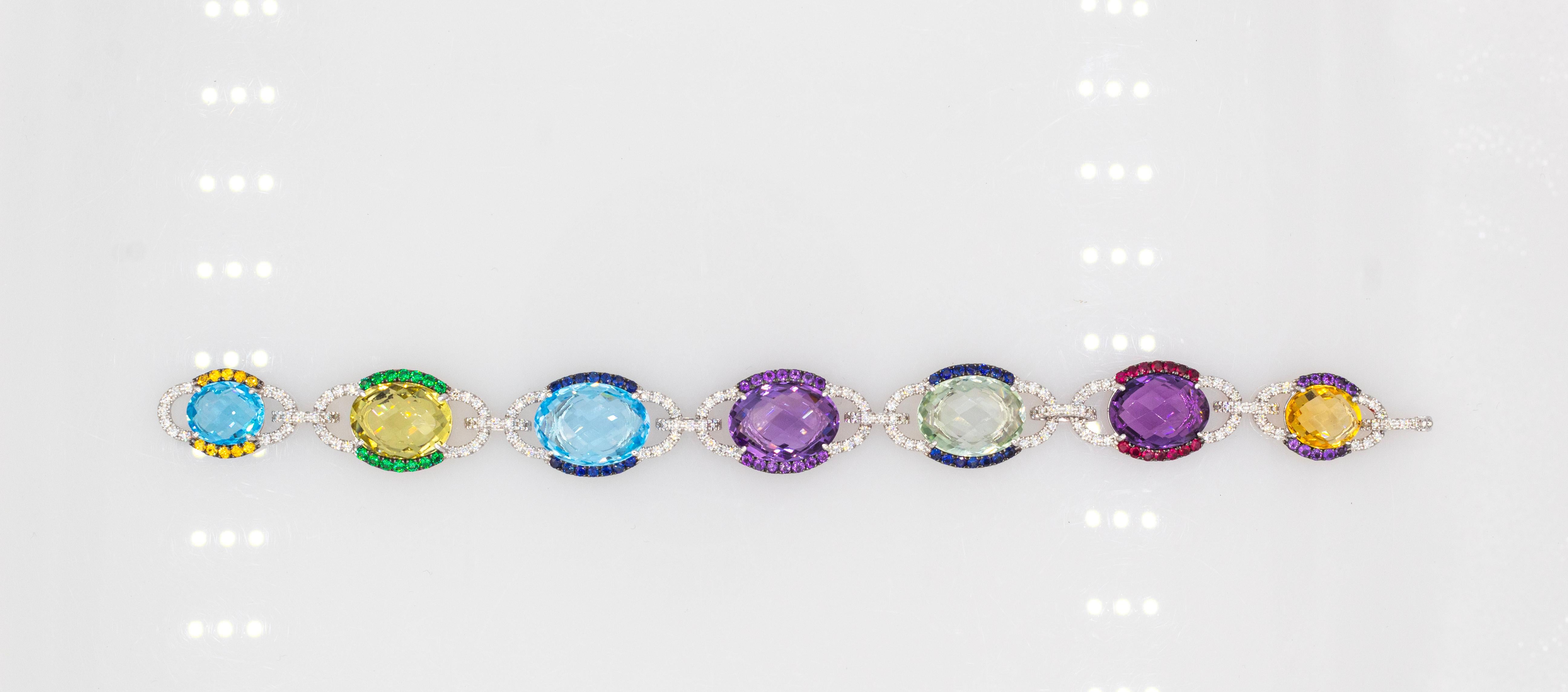 Pulsera de oro blanco estilo art déco con diamantes blancos zafiro rubí amatista en venta 1