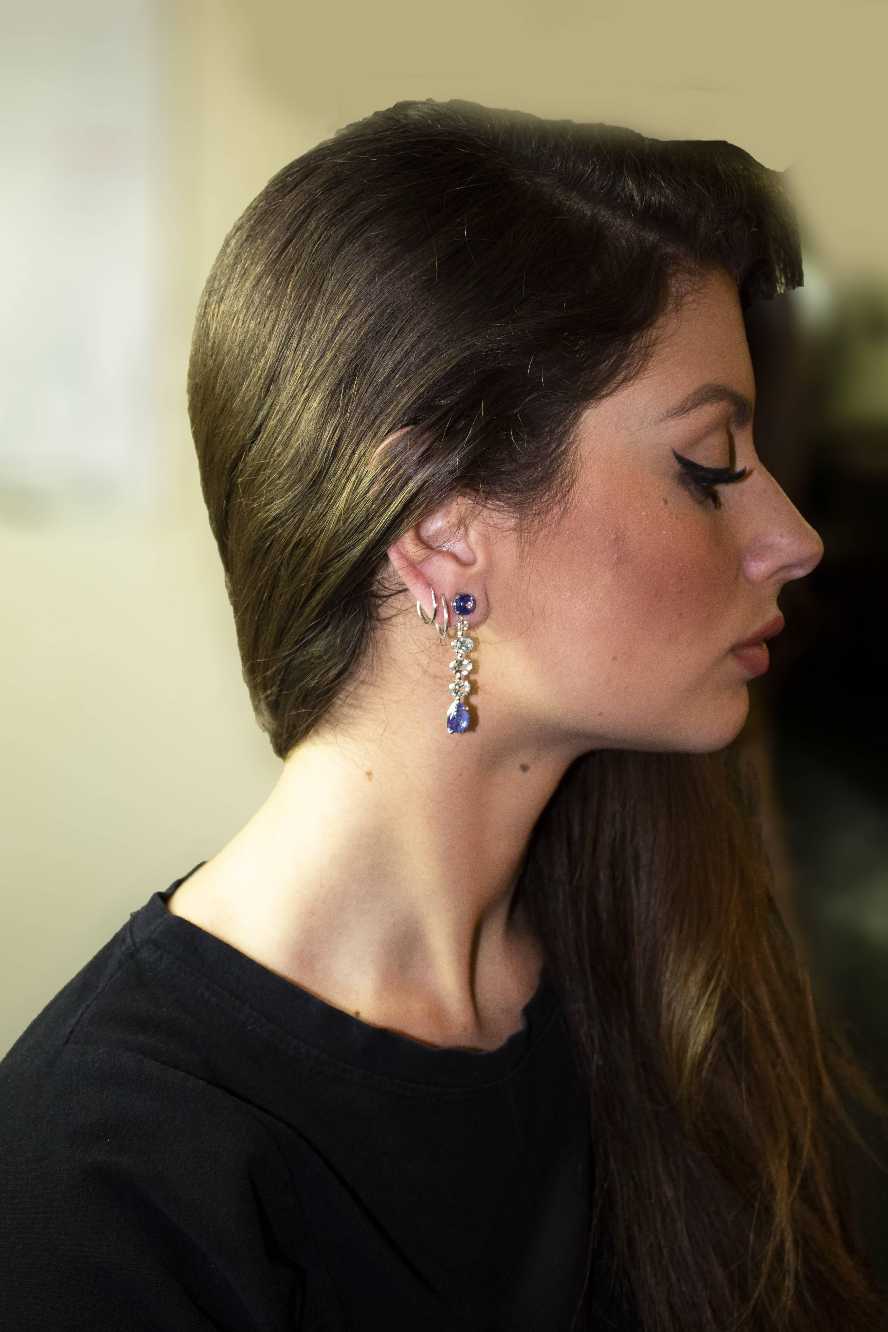 Orecchini a clip in oro bianco con diamante bianco e tanzanite in stile Art Deco in vendita 3