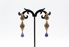 Art Deco Style White Diamond Tanzanite Emerald Yellow Gold Clip-On Earrings