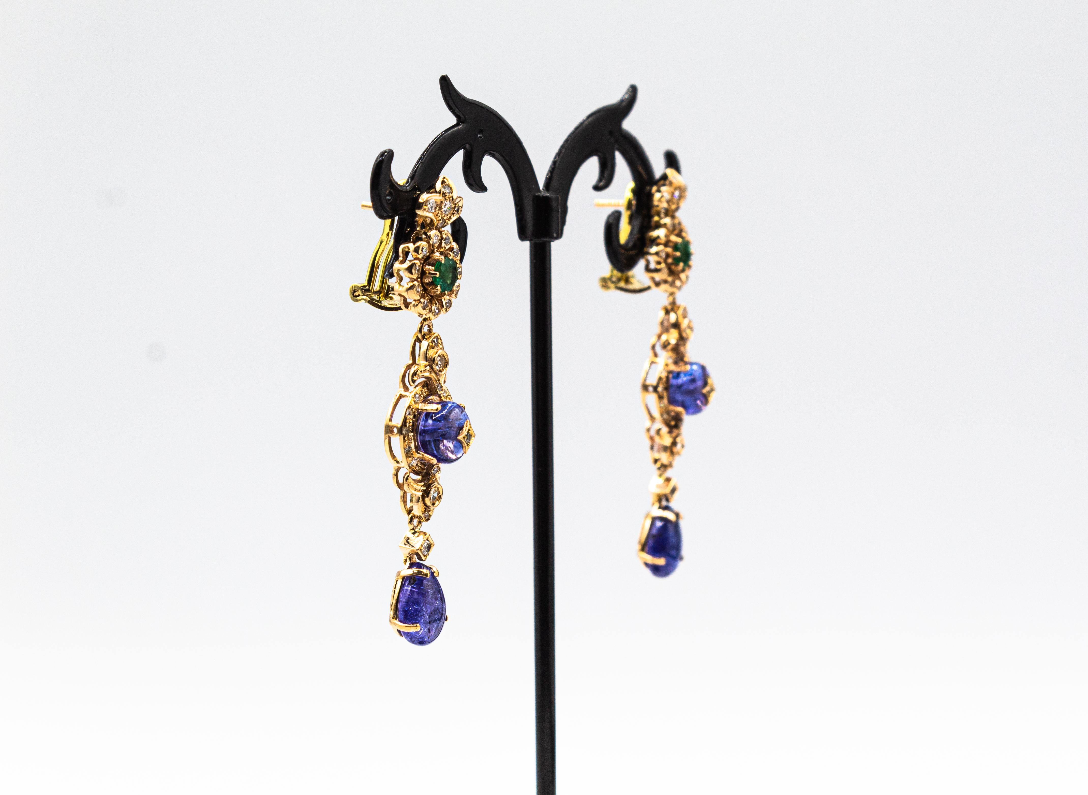 Art Deco Style White Diamond Tanzanite Emerald Yellow Gold Clip-On Earrings For Sale 2
