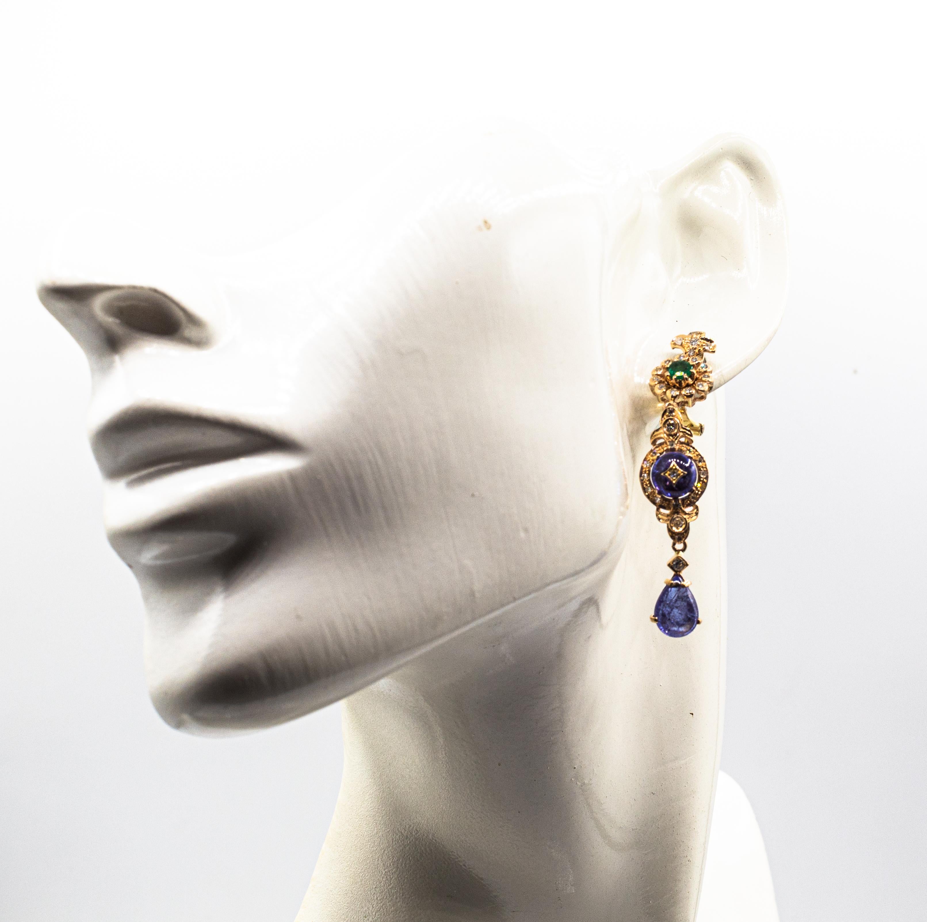 Art Deco Style White Diamond Tanzanite Emerald Yellow Gold Clip-On Earrings For Sale 3