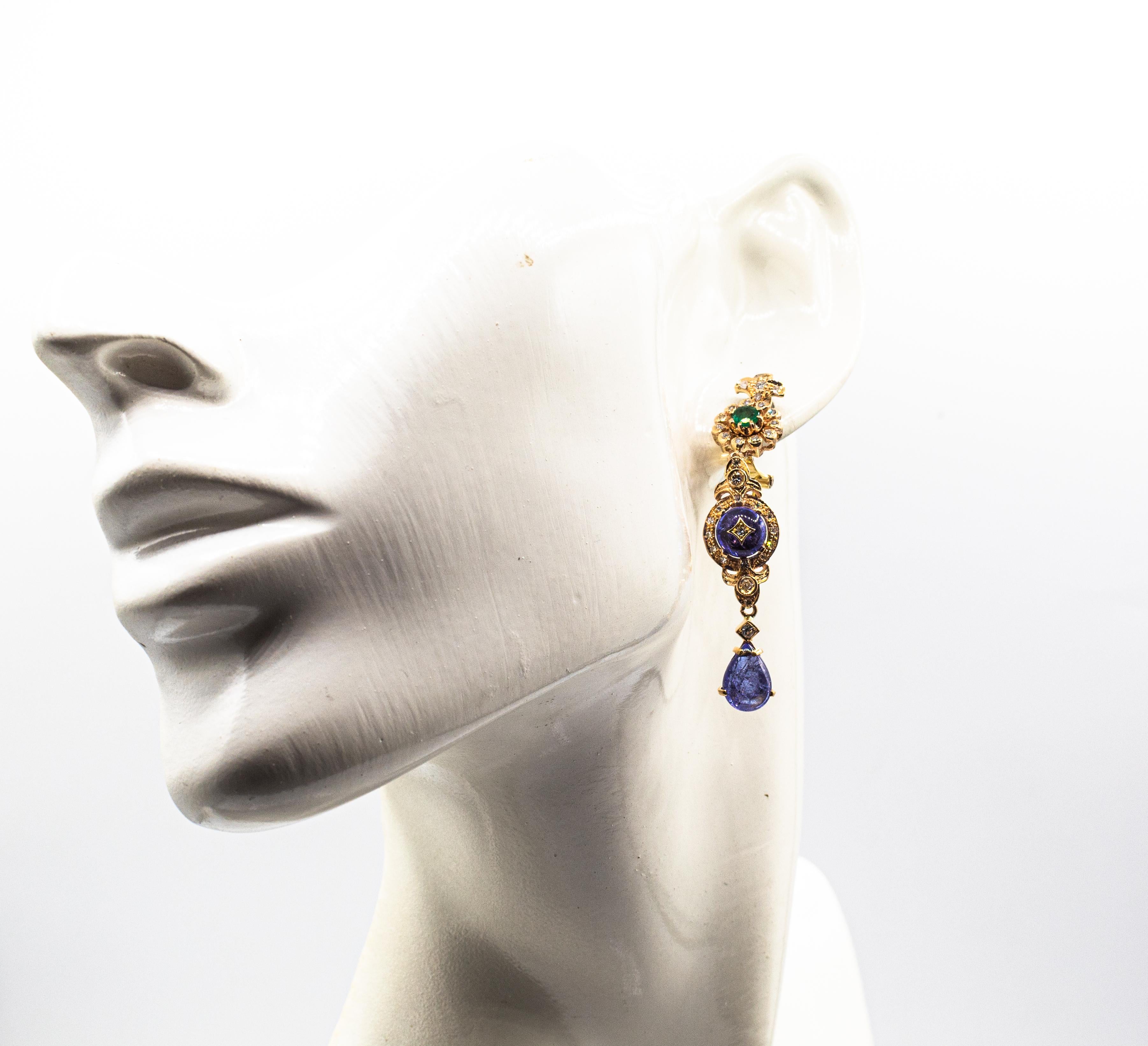 Art Deco Style White Diamond Tanzanite Emerald Yellow Gold Clip-On Earrings For Sale 4