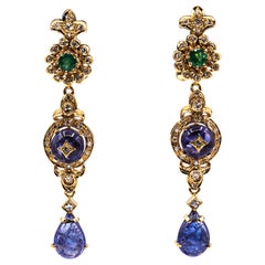 Vintage Art Deco Style White Diamond Tanzanite Emerald Yellow Gold Clip-On Earrings