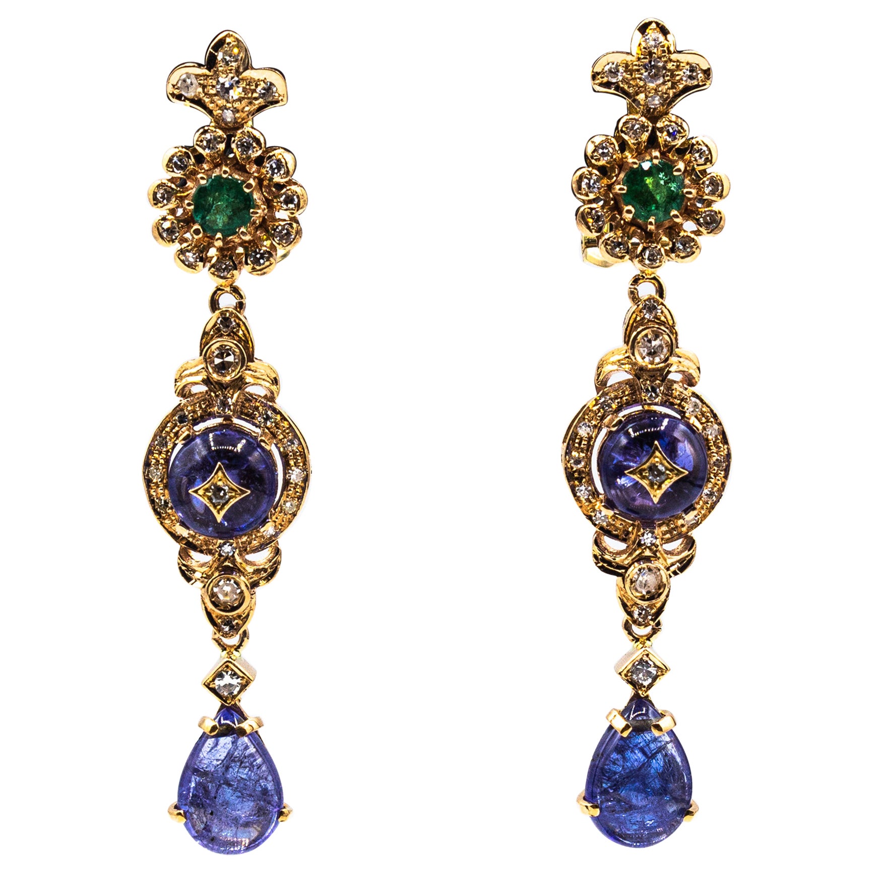 Art Deco Style White Diamond Tanzanite Emerald Yellow Gold Clip-On Earrings