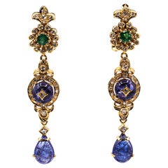Pendientes de clip de oro amarillo con diamante blanco tanzanita esmeralda estilo art déco