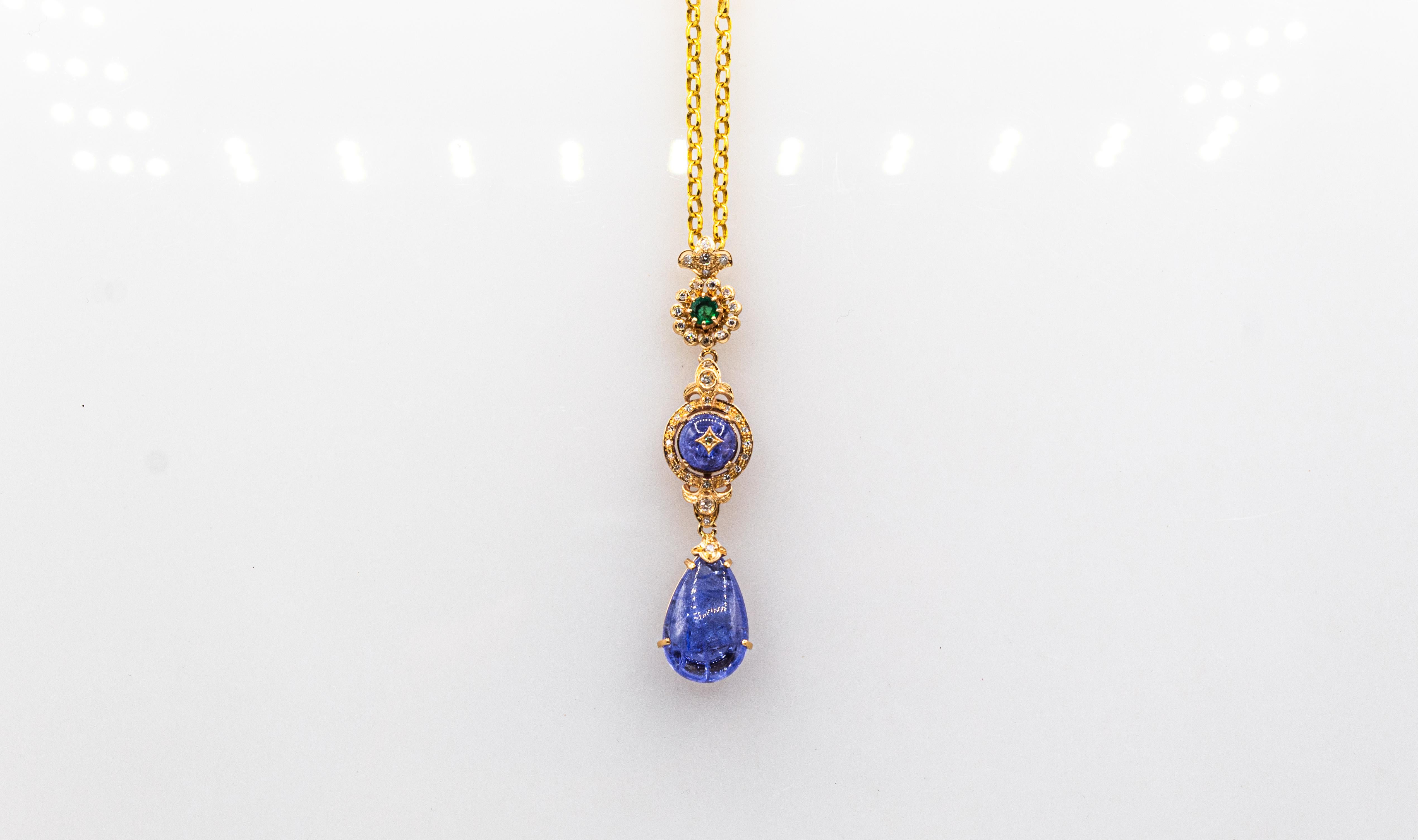 Halskette mit Anhänger im Art-déco-Stil, weißer Diamant Tansanit Smaragd Gelbgold im Angebot 4